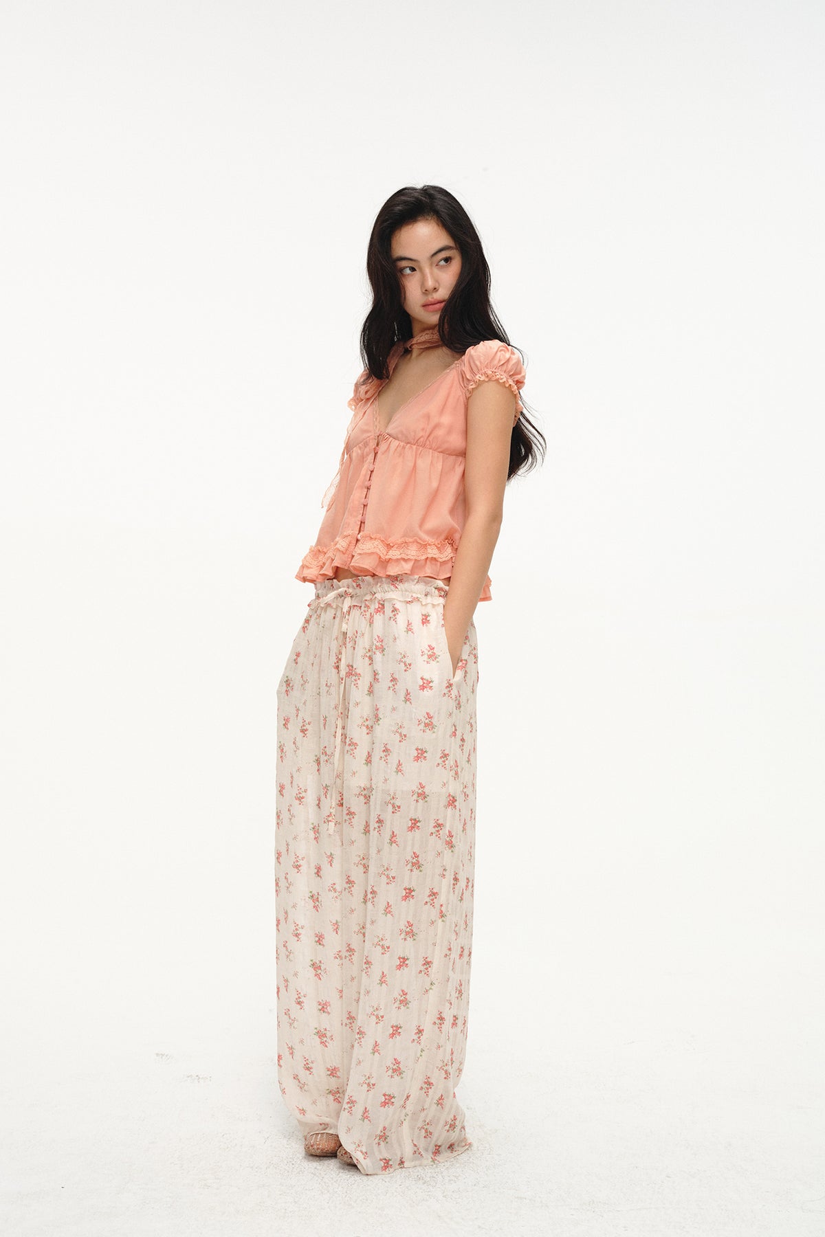 LVETONG Floral Ruffle-Trim Drawstring Wide-Leg Pants