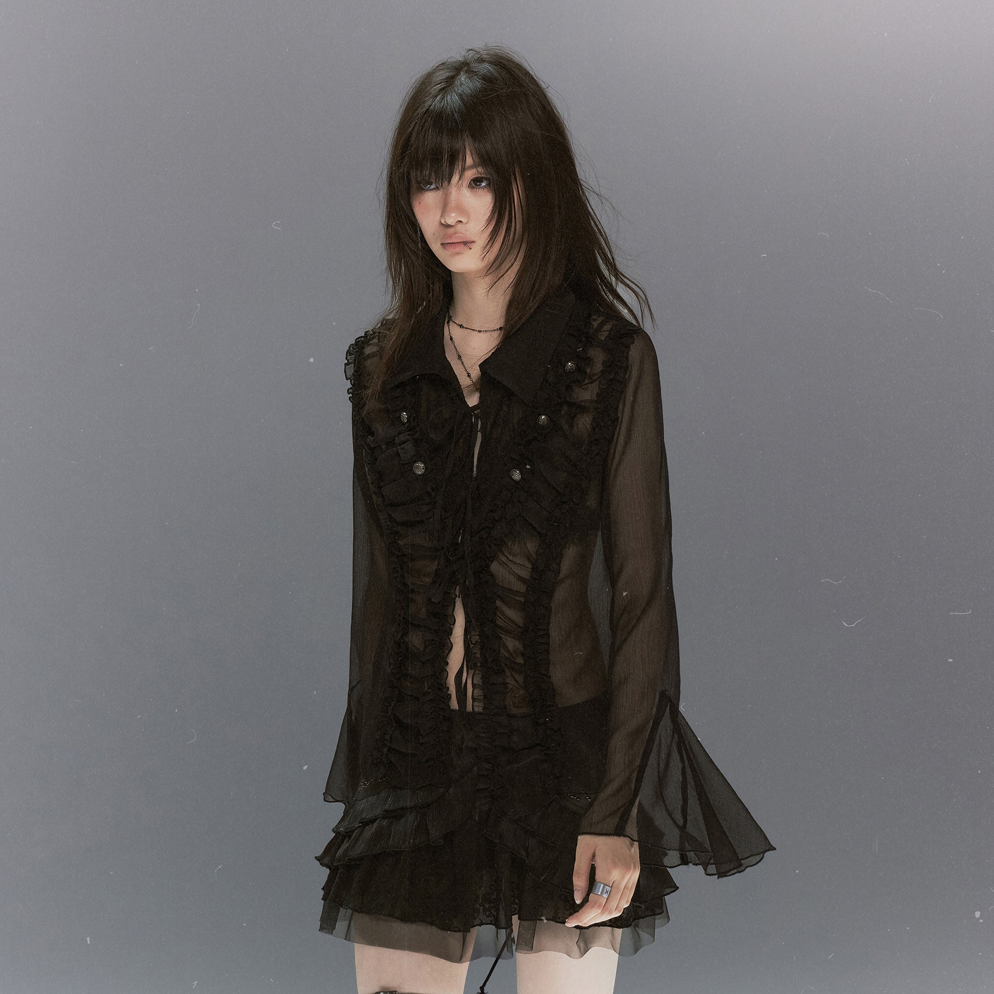 CESTNOUS Ruffle Lace-Panel Bell-Sleeve Shirt