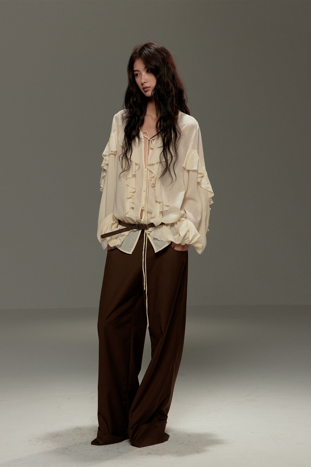 LVETONG Tencel Drawstring Ruffle-Hem Long-Sleeve Tee