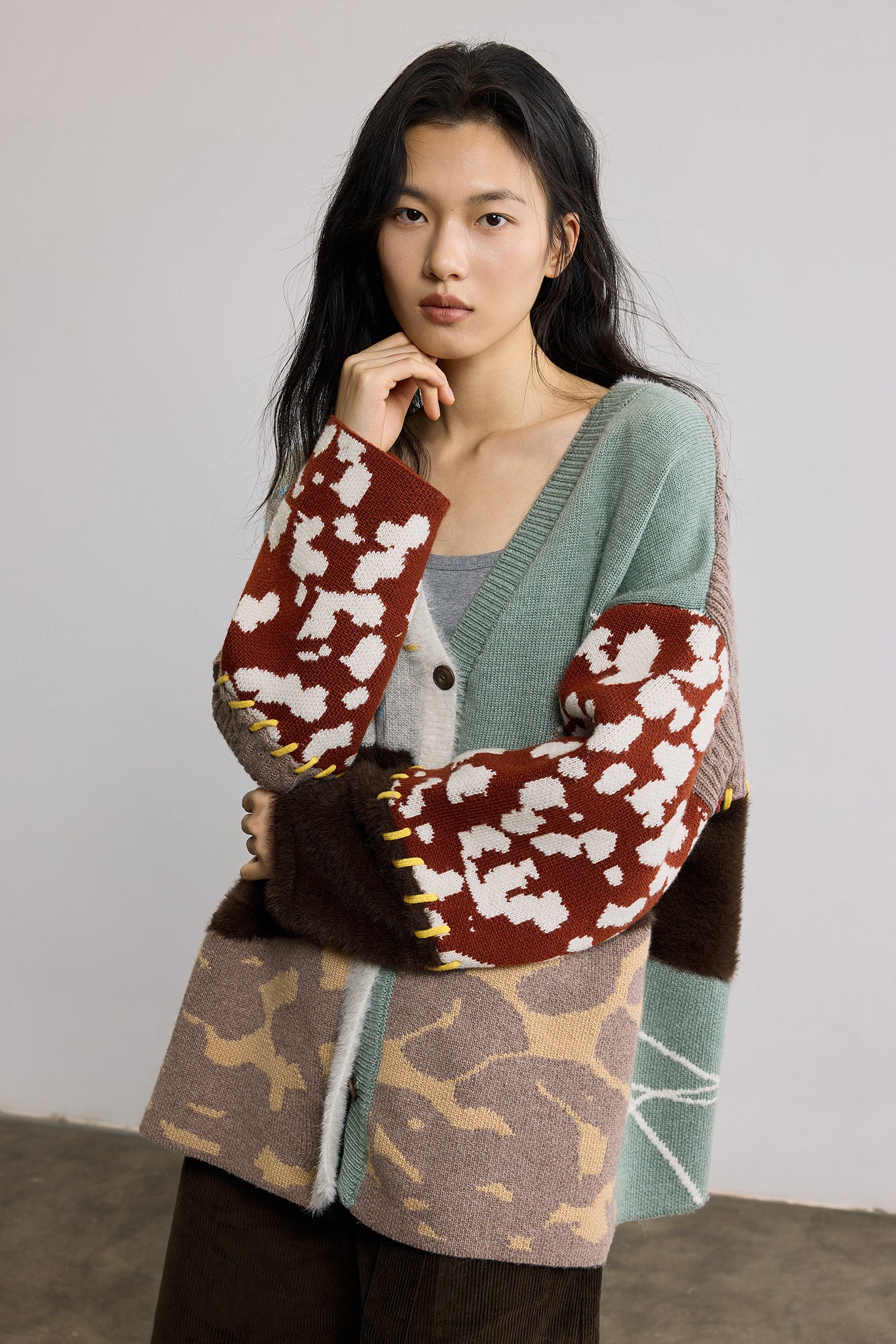 SAME FLOW Retro Spliced Wool-Blend Jacquard Cardigan