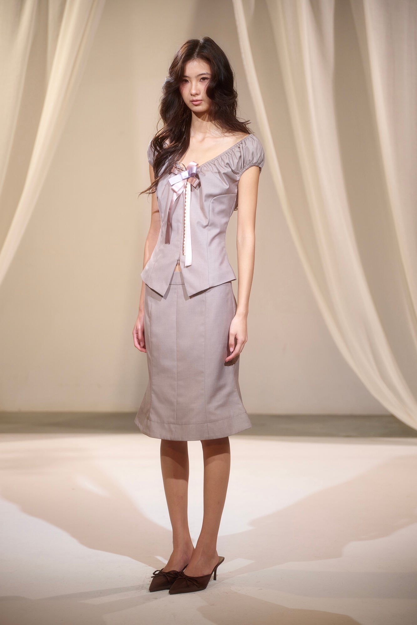 IVETONG Bow Tie Off-Shoulder Top & Flared Skirt Set
