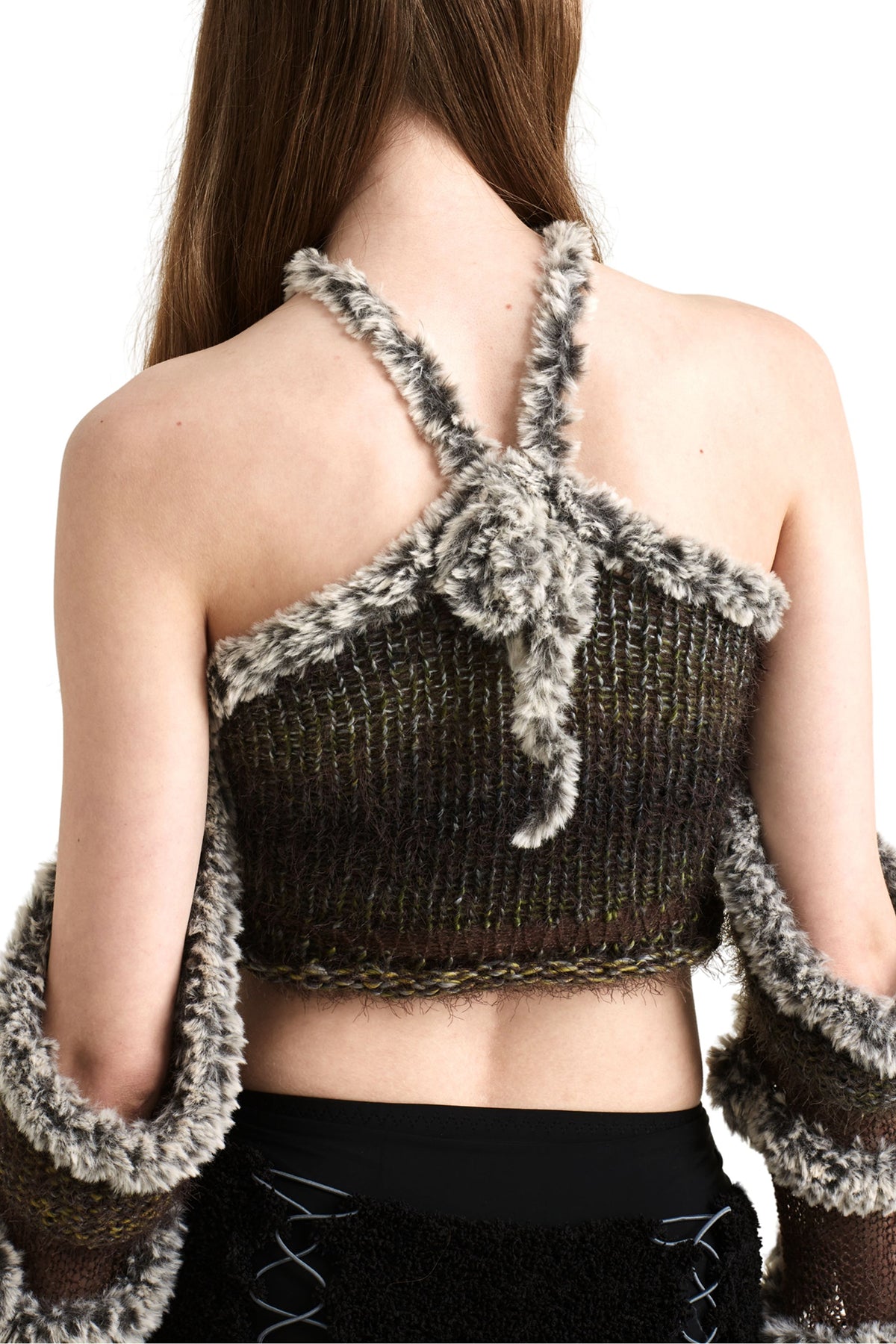JUEJUEWORKS Fuzzy Trim Open-Knit Halter Top