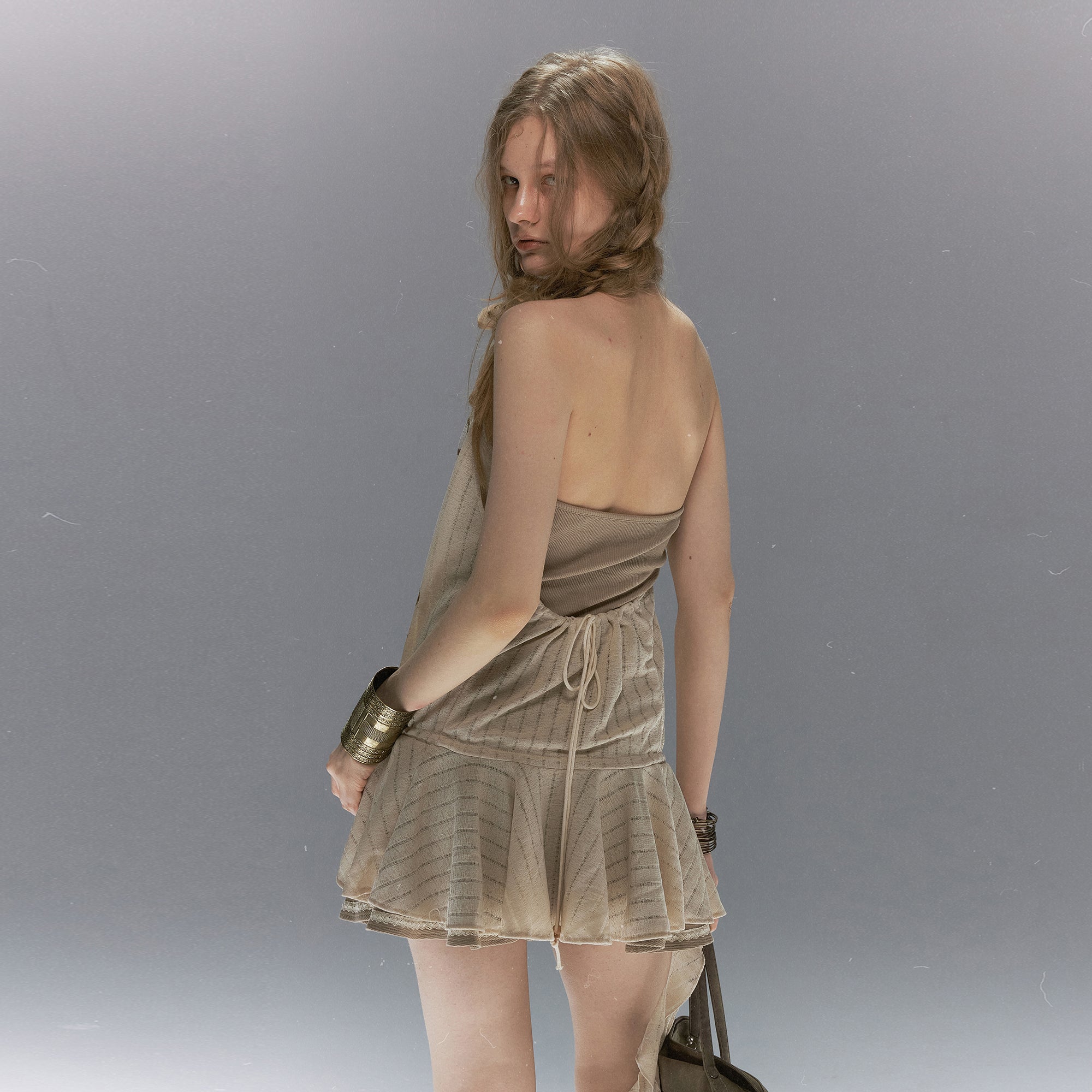 CESTNOUS Ruffled Lace Faux Layered Halter Mini Dress