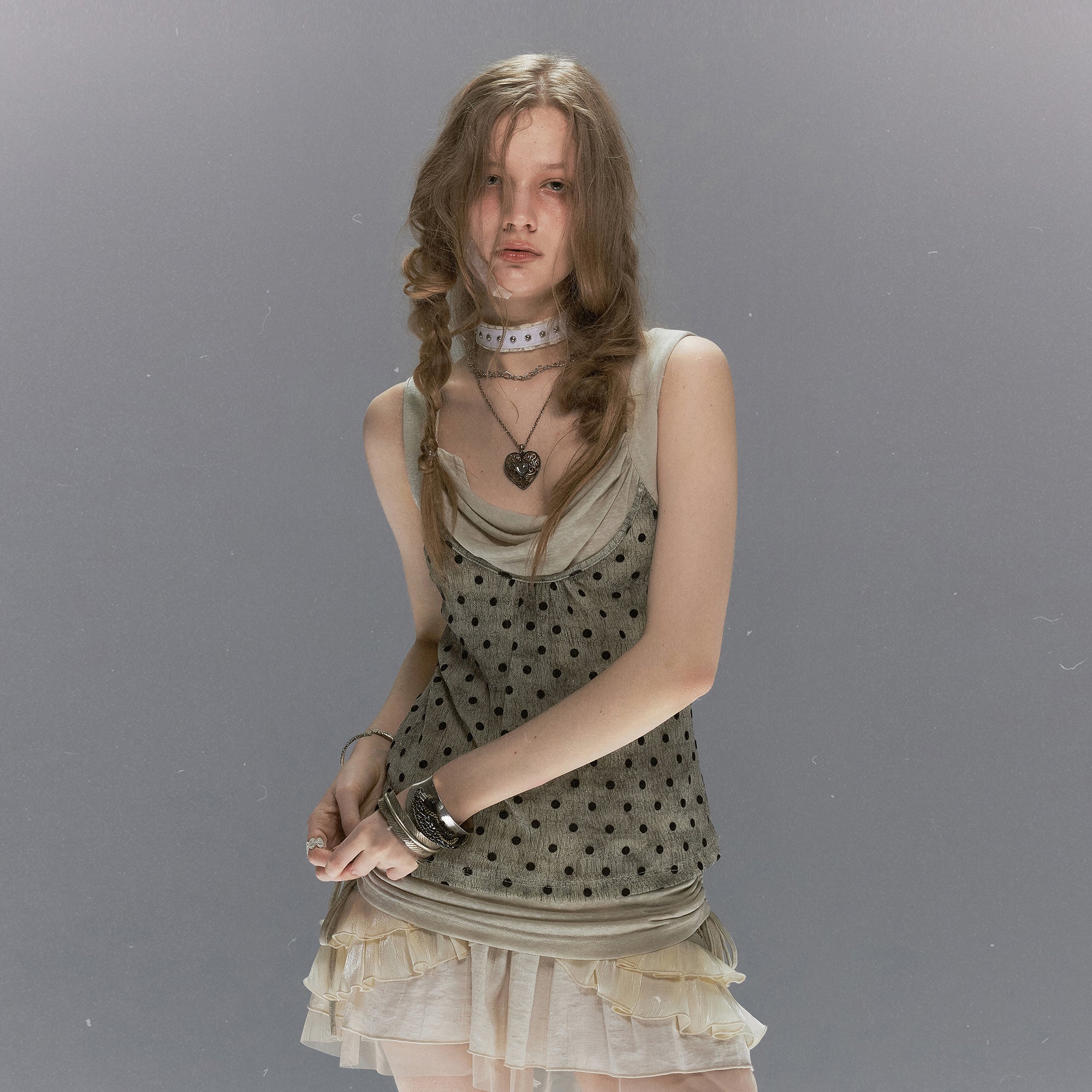 CESTNOUS Polka Dot Spliced Drawstring Tank Top