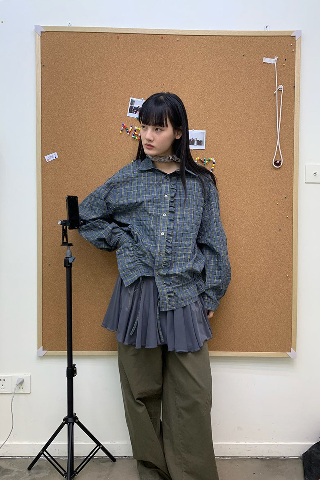 NEVERSEEZ Ruffle-Placket Seersucker Plaid Drawstring Shirt