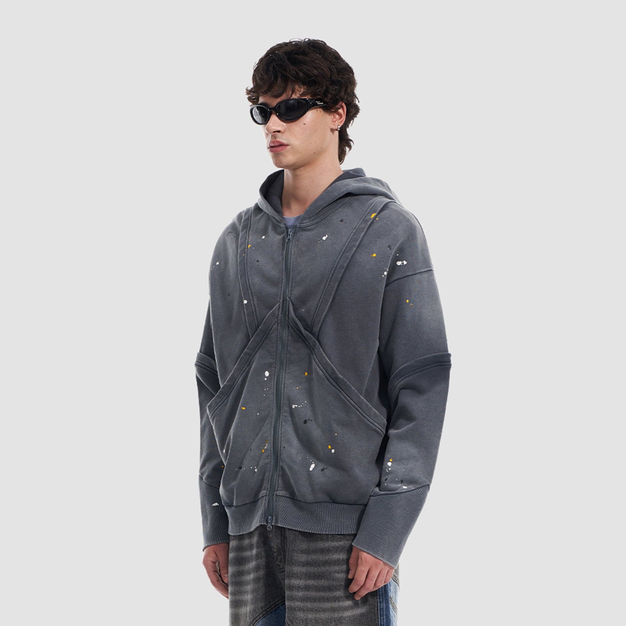 VANN VALRENCE Washed Paint-Splattered Paneled Zip Hoodie