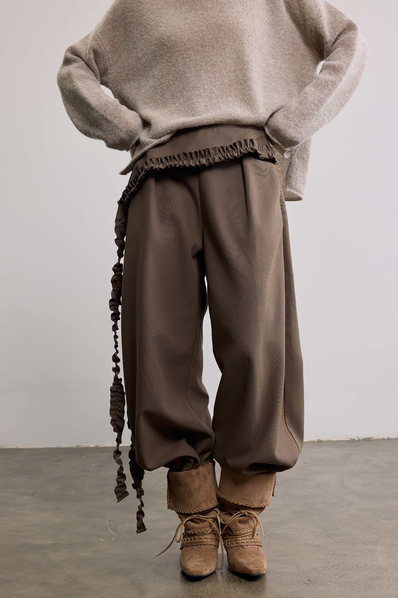 SAME FLOW Ruffle Trim Embroidered Wide-Leg Pants