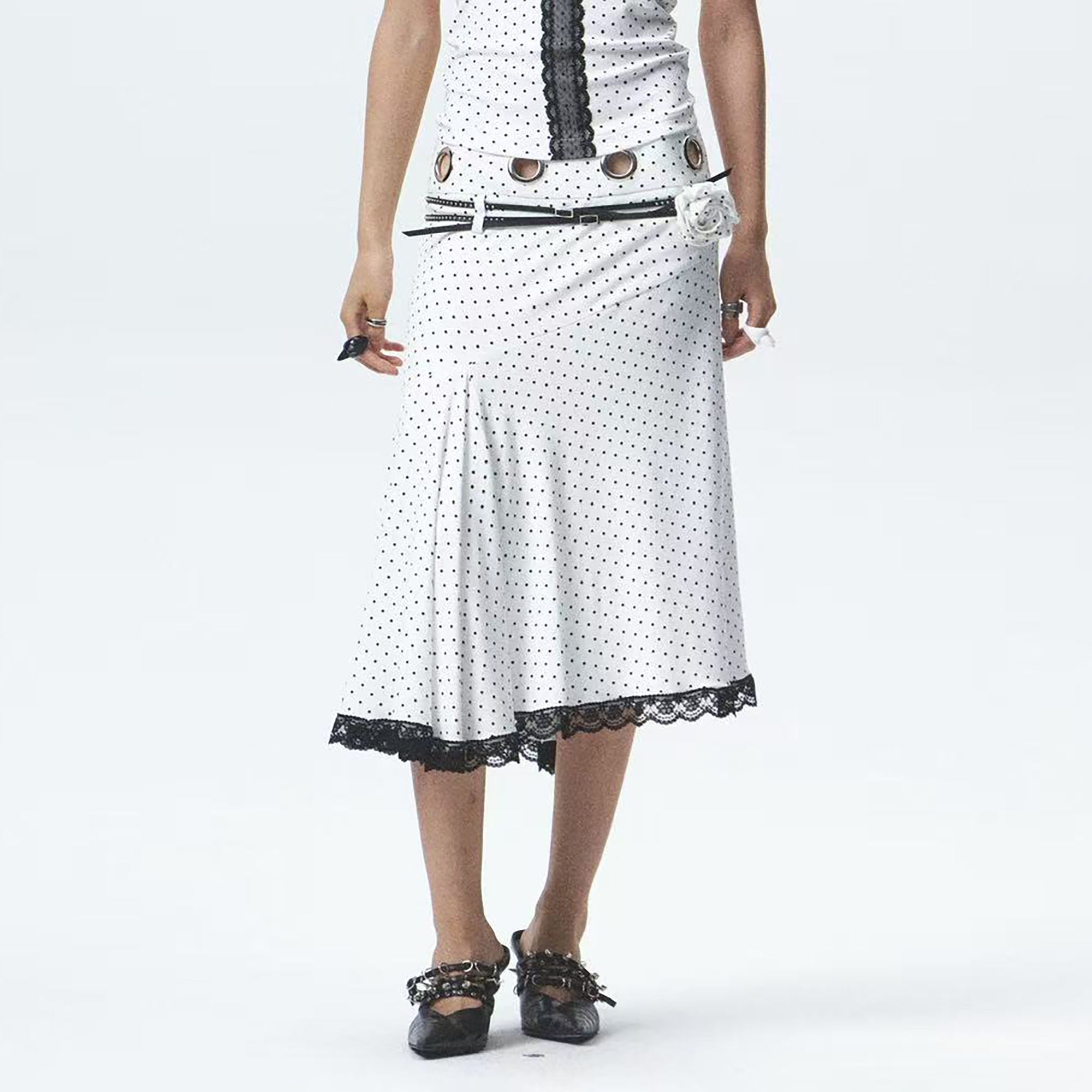 NONAME SPACE Polka-Dot Lace-Trim Asymmetric Midi Skirt