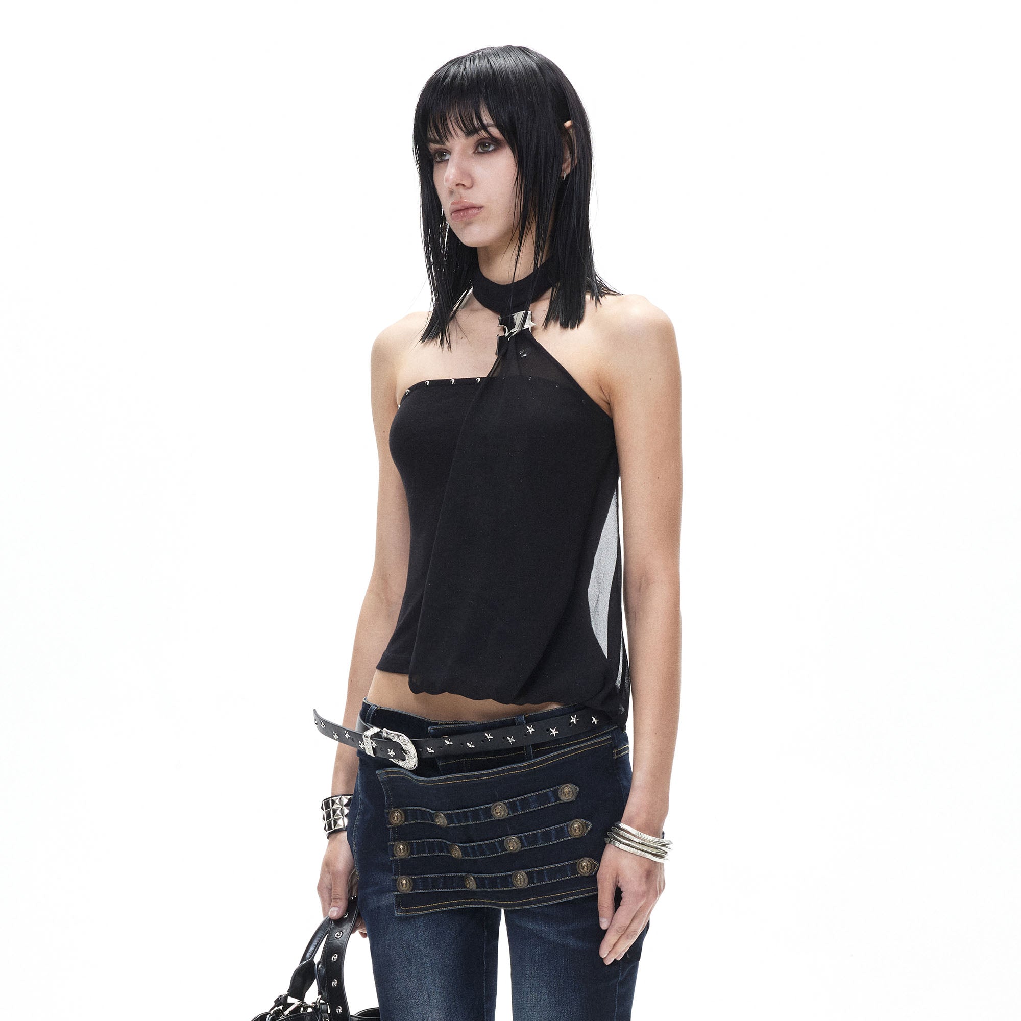 3MODE Studded Halter Mesh-Drape Crop Top