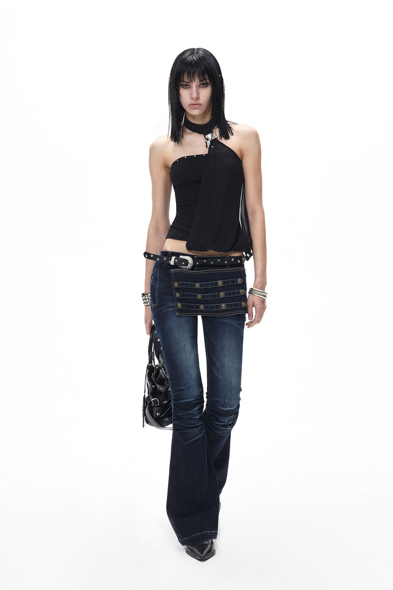 3MODE Studded Halter Mesh-Drape Crop Top