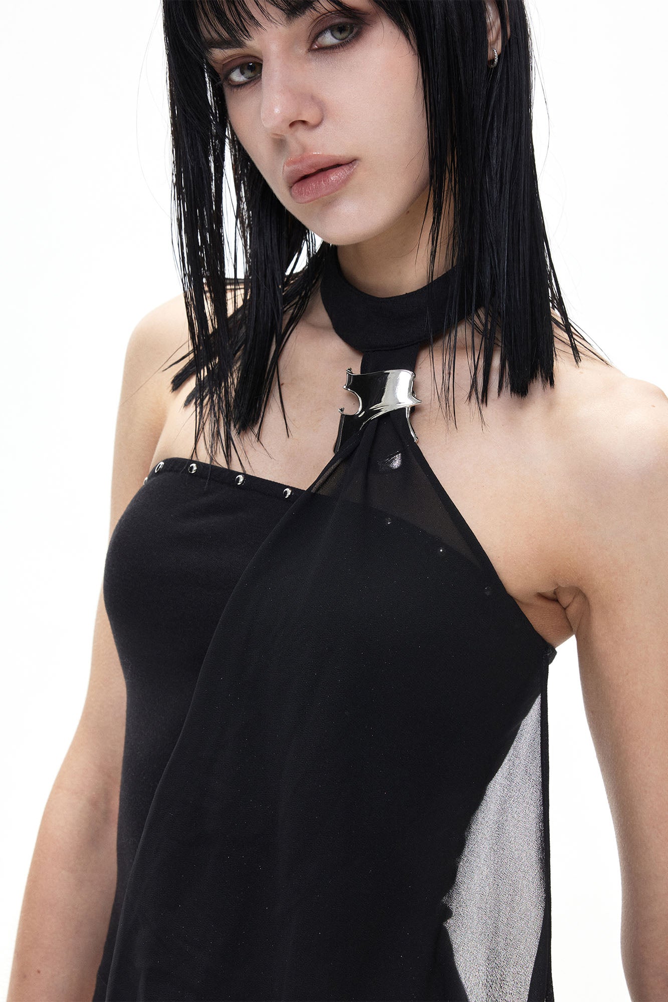 3MODE Studded Halter Mesh-Drape Crop Top