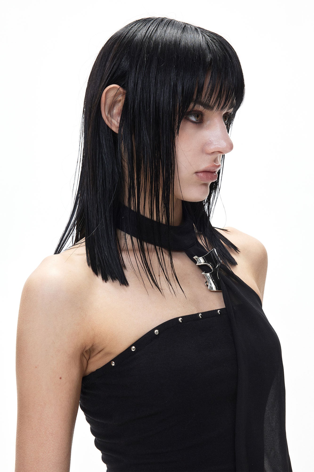3MODE Studded Halter Mesh-Drape Crop Top
