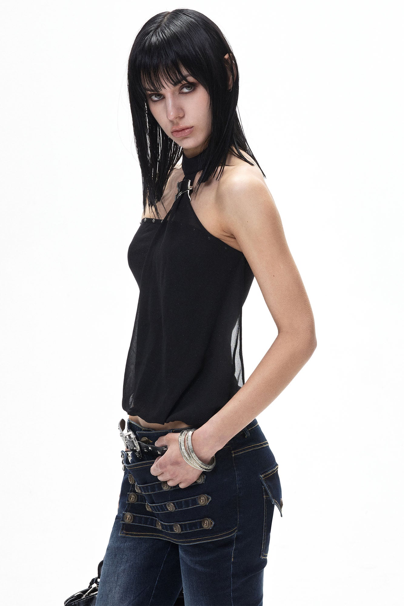 3MODE Studded Halter Mesh-Drape Crop Top