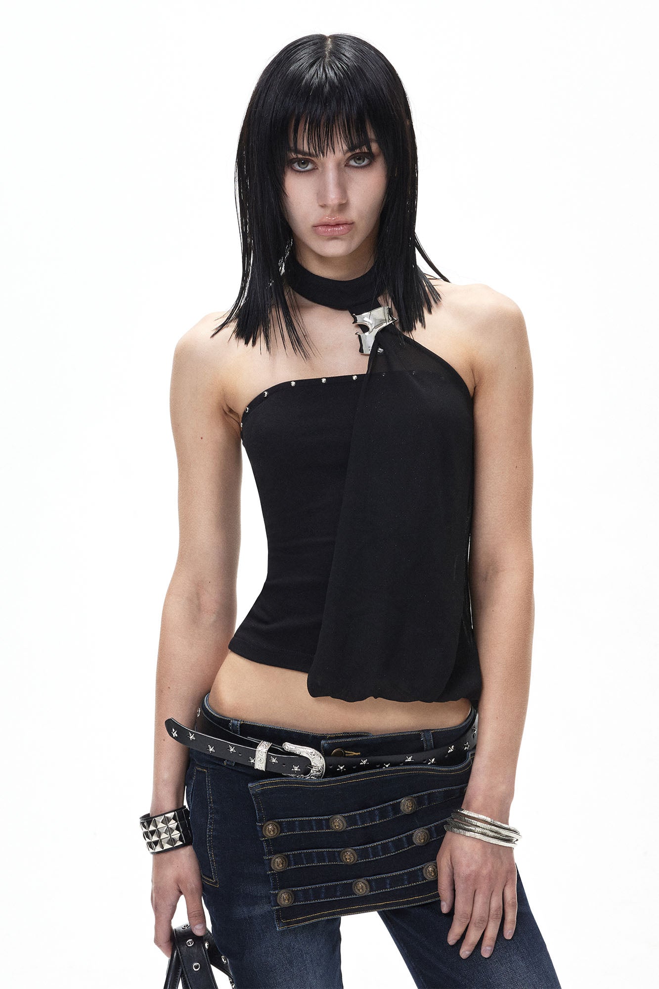 3MODE Studded Halter Mesh-Drape Crop Top