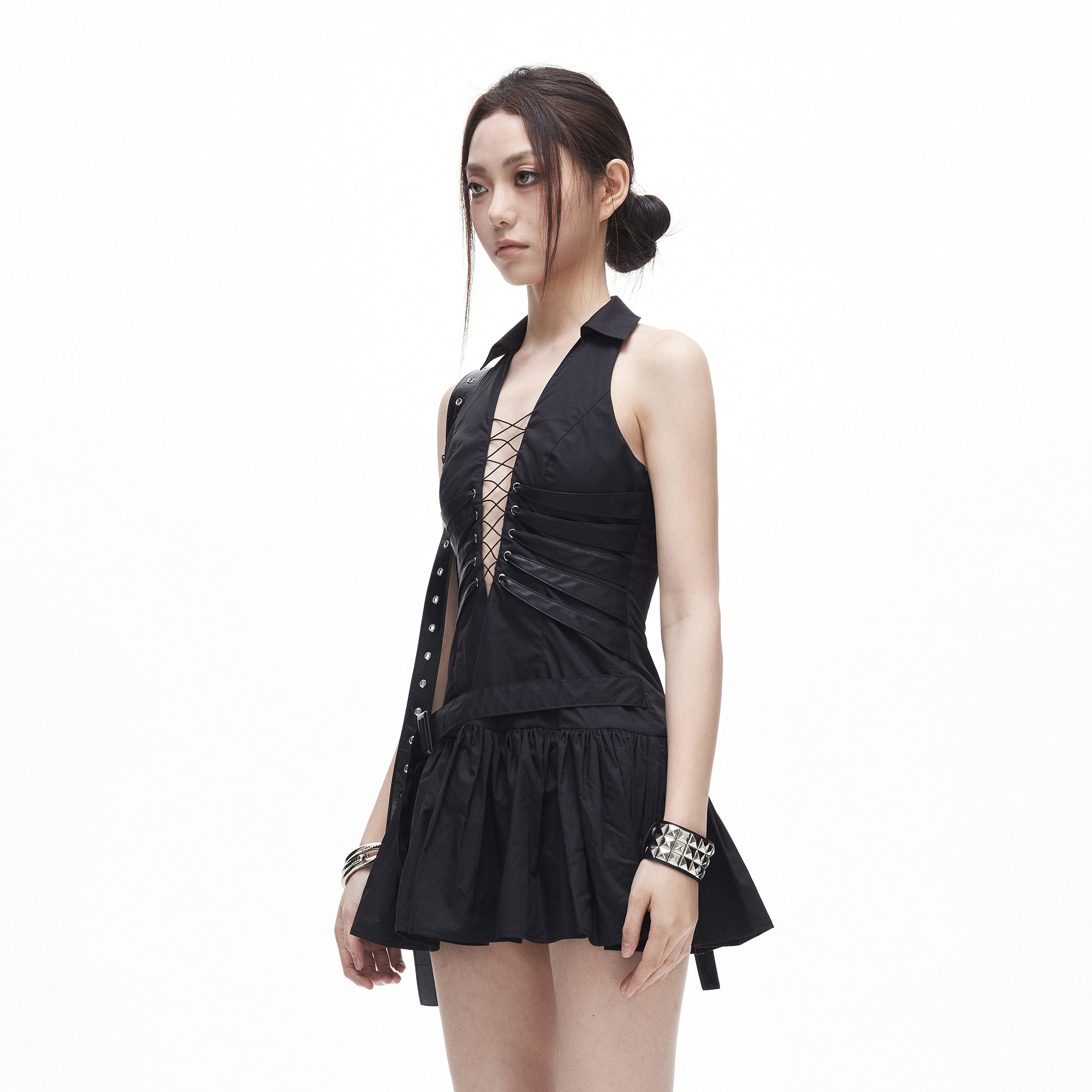 3MODE Lace-Up Belted Halter Mini Dress