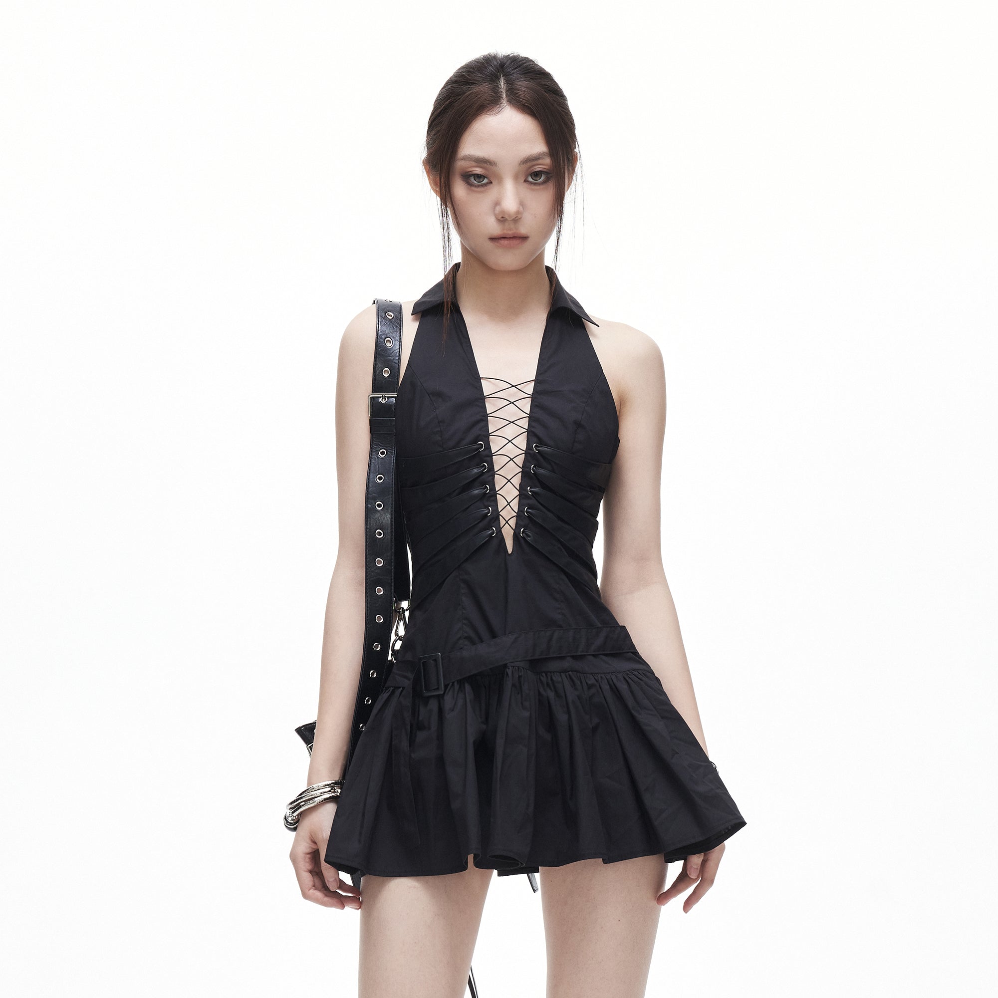 3MODE Lace-Up Belted Halter Mini Dress