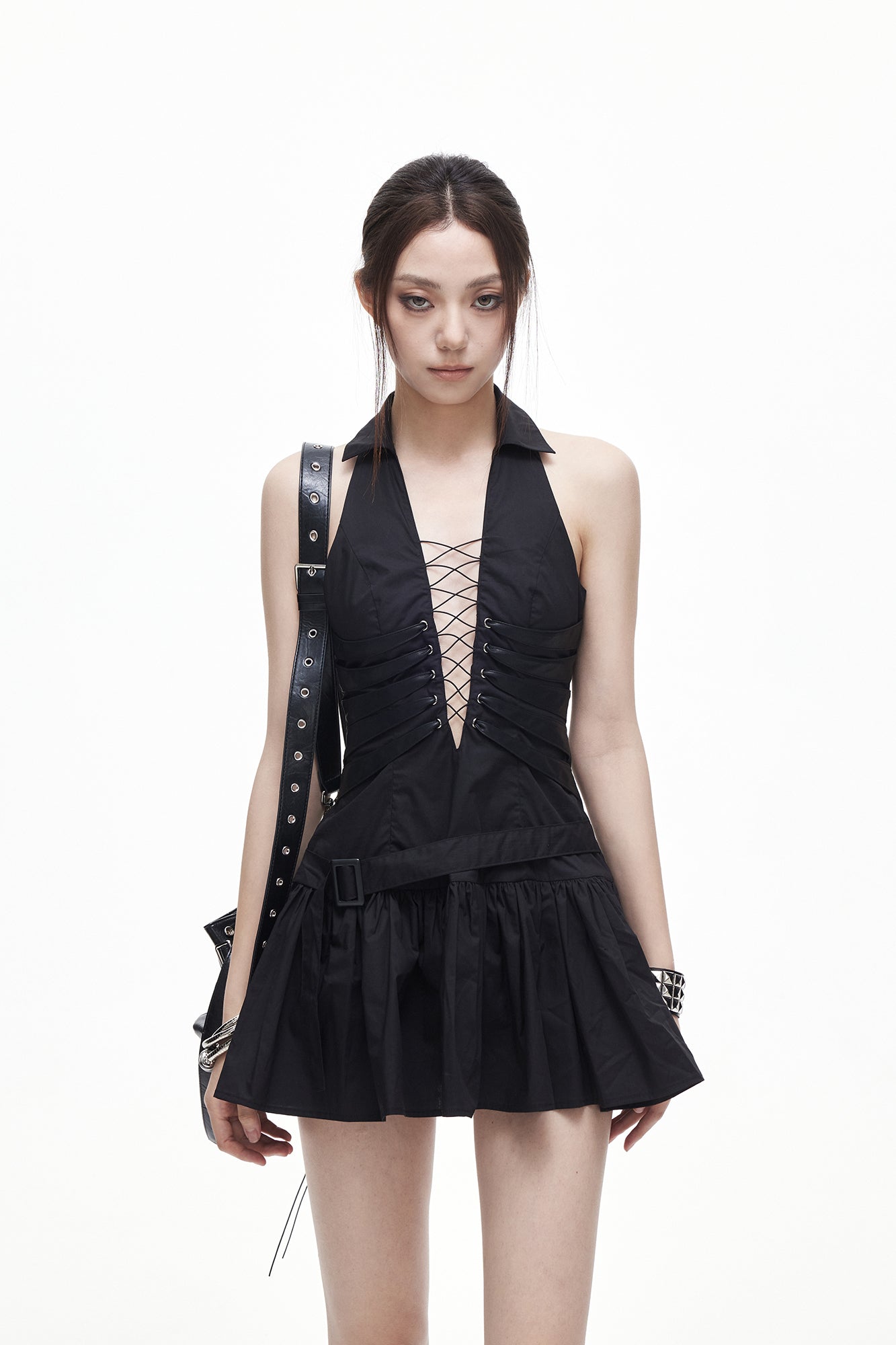 3MODE Lace-Up Belted Halter Mini Dress