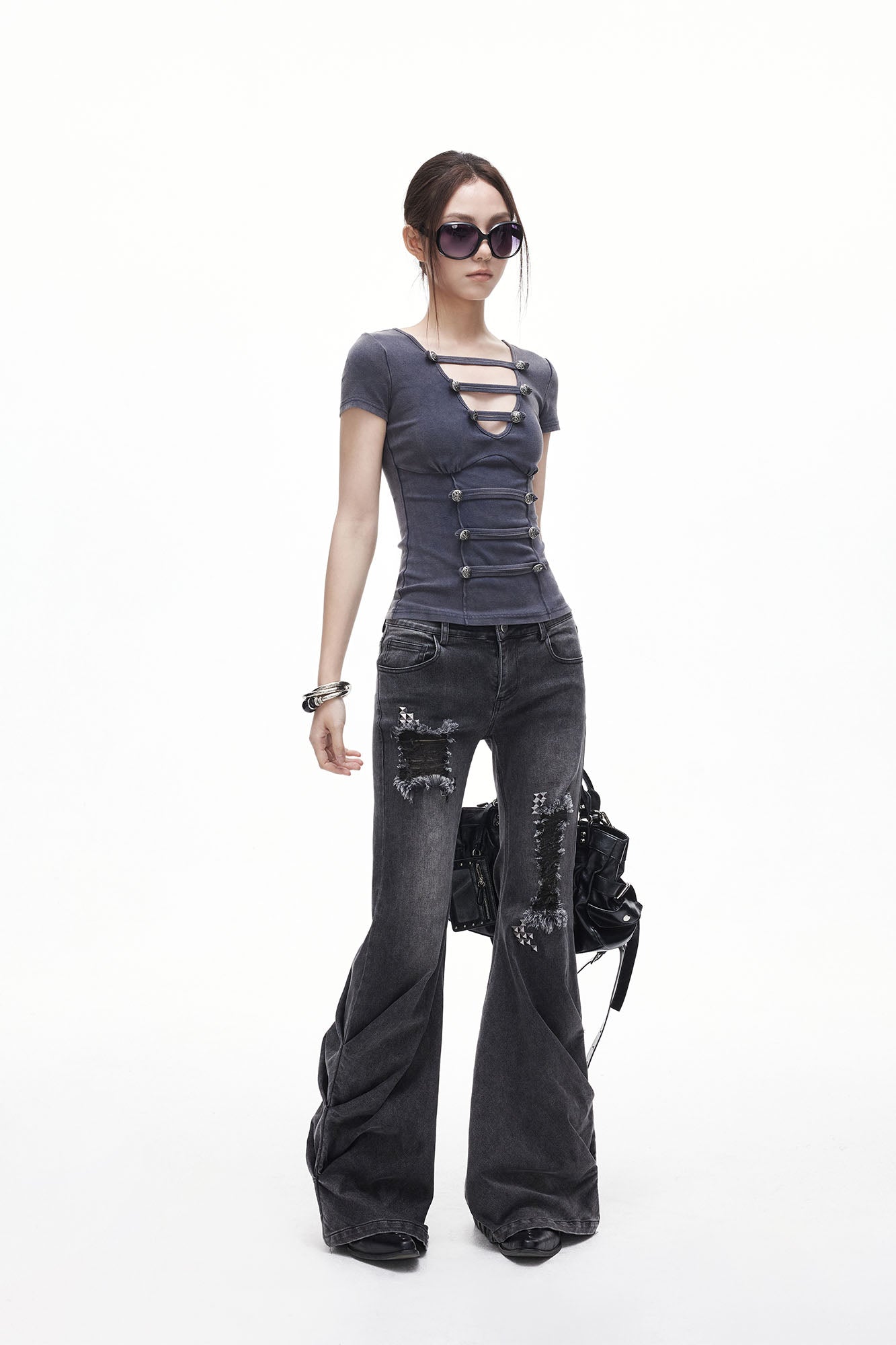 3MODE Washed Cut-Out Button-Front Slim Tee