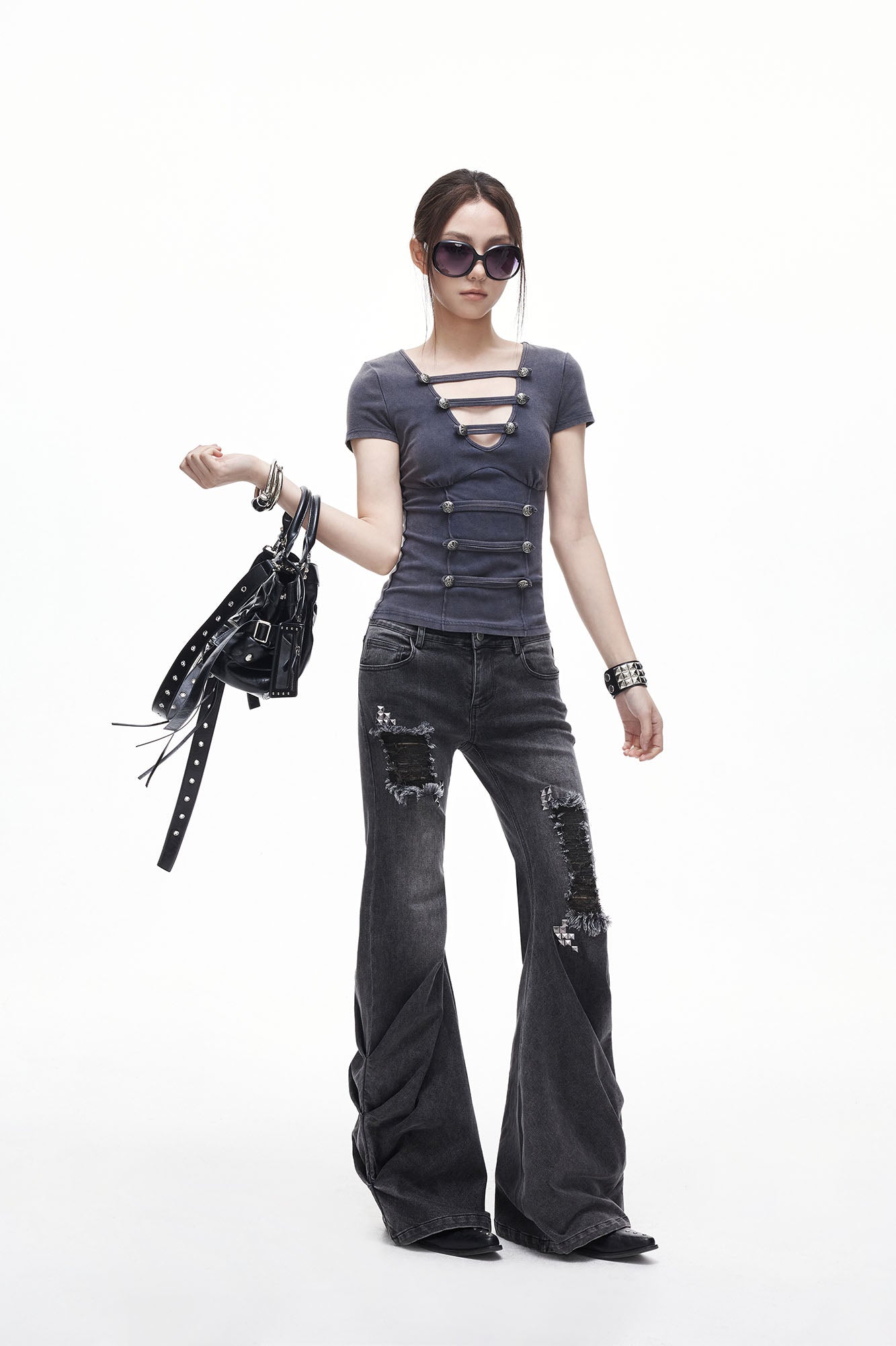3MODE Washed Cut-Out Button-Front Slim Tee