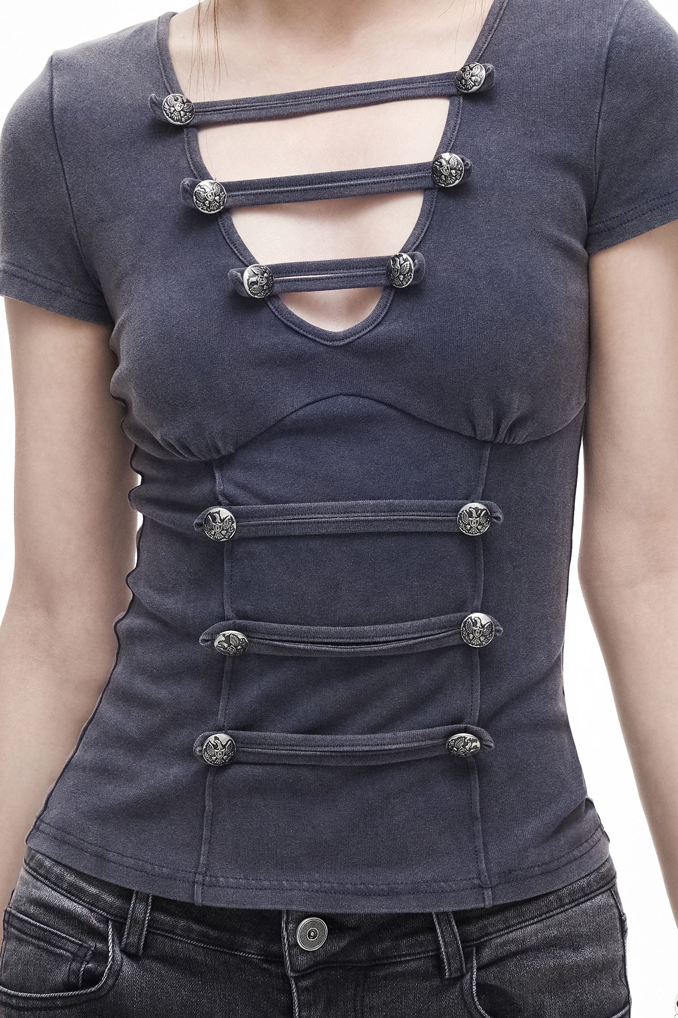 3MODE Washed Cut-Out Button-Front Slim Tee