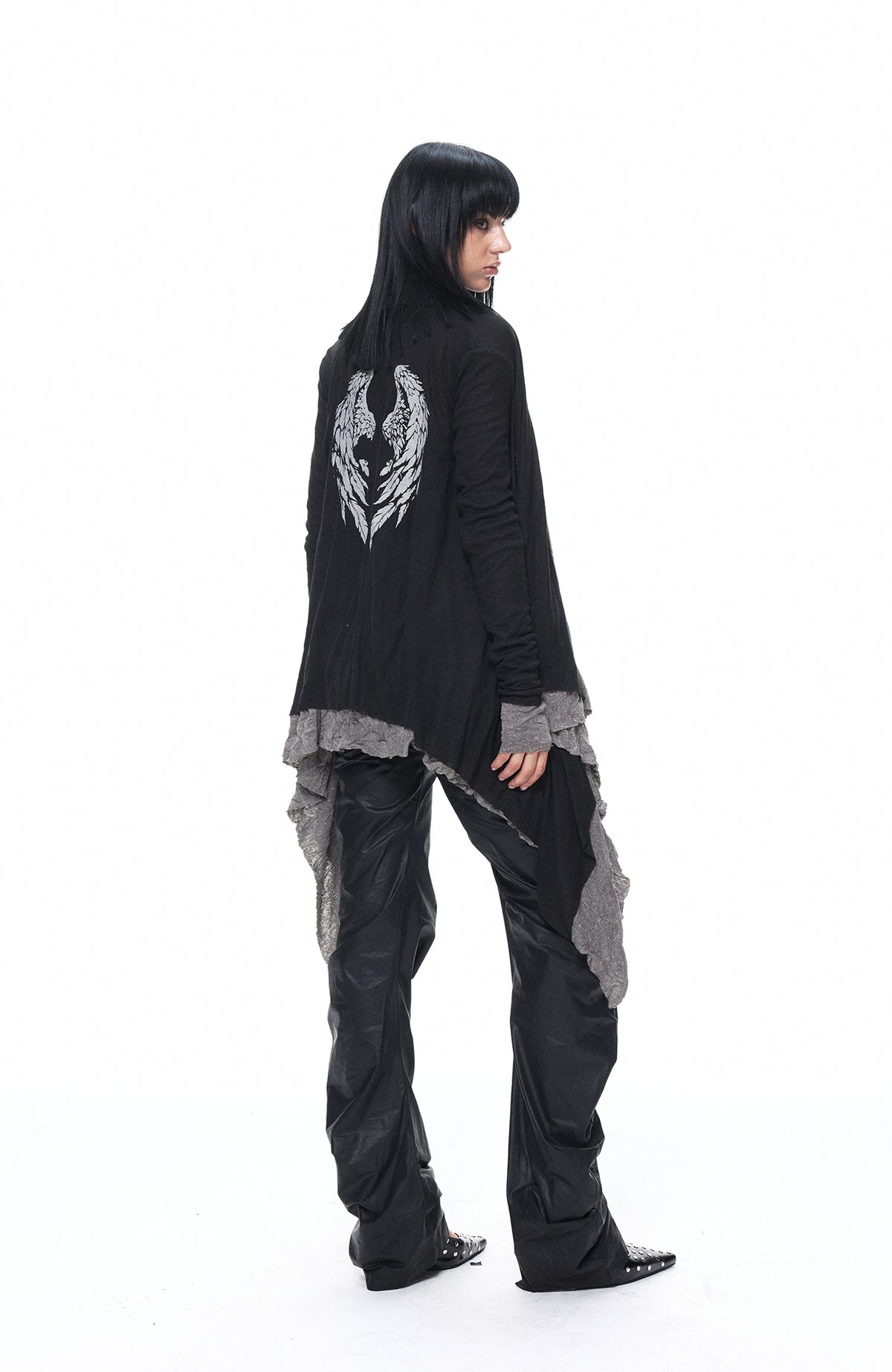 3MODE Reversible Wing-Print Hooded Irregular Cardigan Jacket