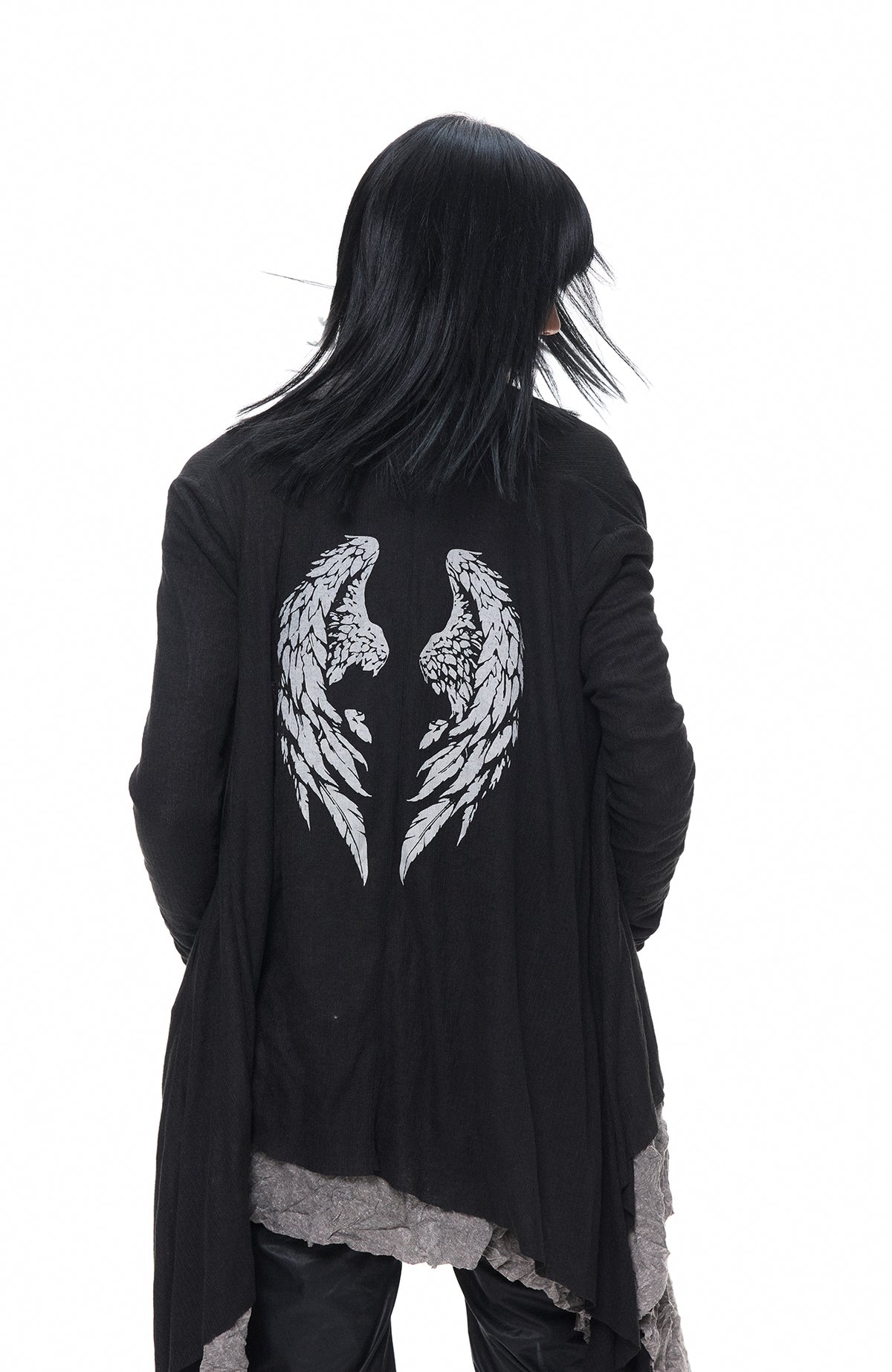 3MODE Reversible Wing-Print Hooded Irregular Cardigan Jacket