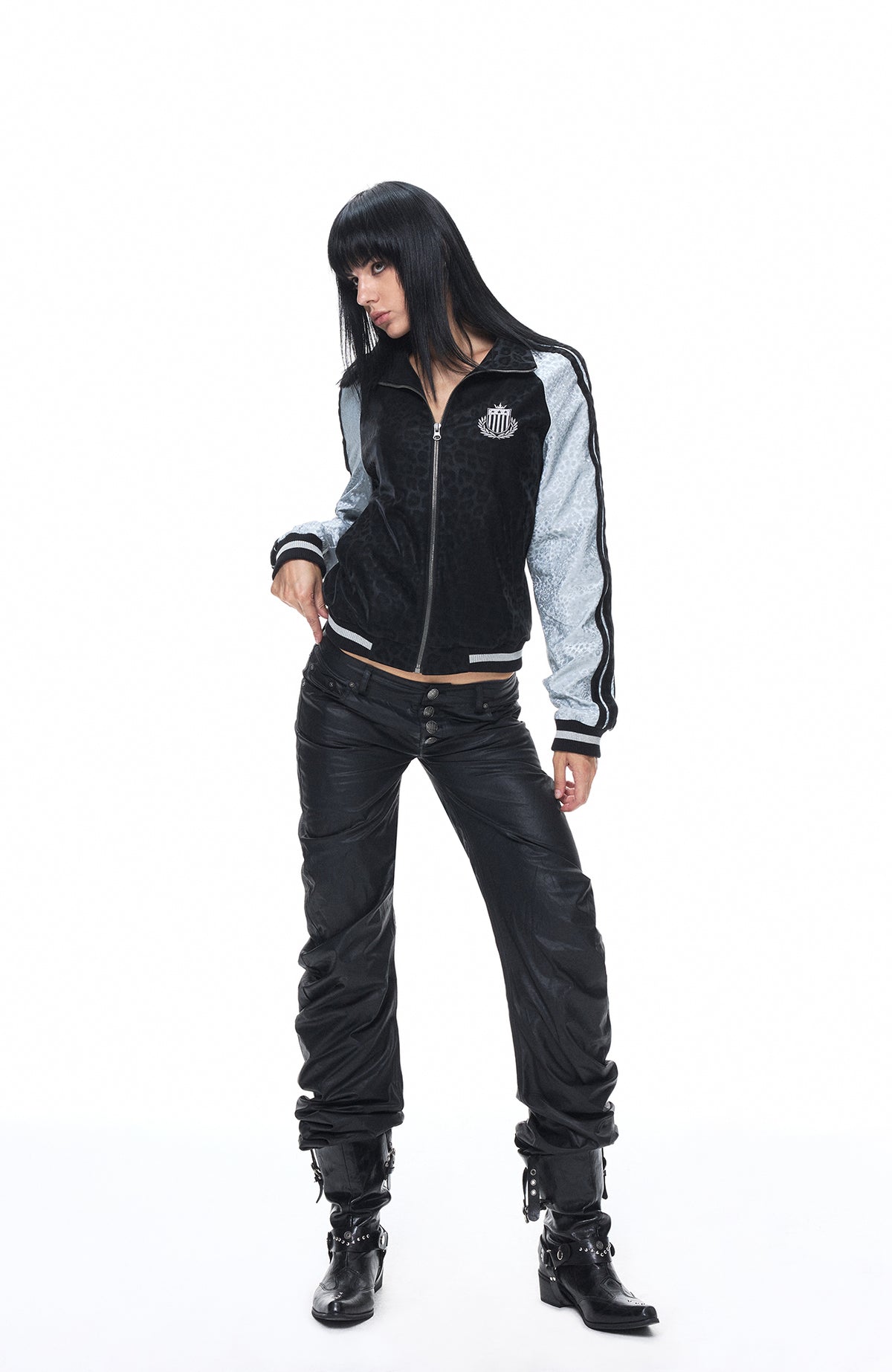 3MODE Leopard-Print Spliced Embroidered Badge PU Jacket