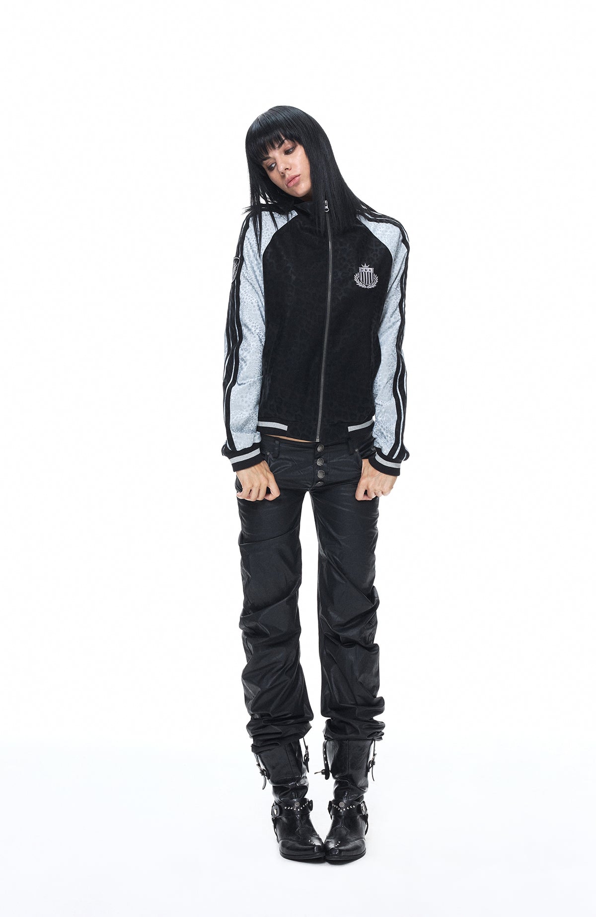 3MODE Leopard-Print Spliced Embroidered Badge PU Jacket