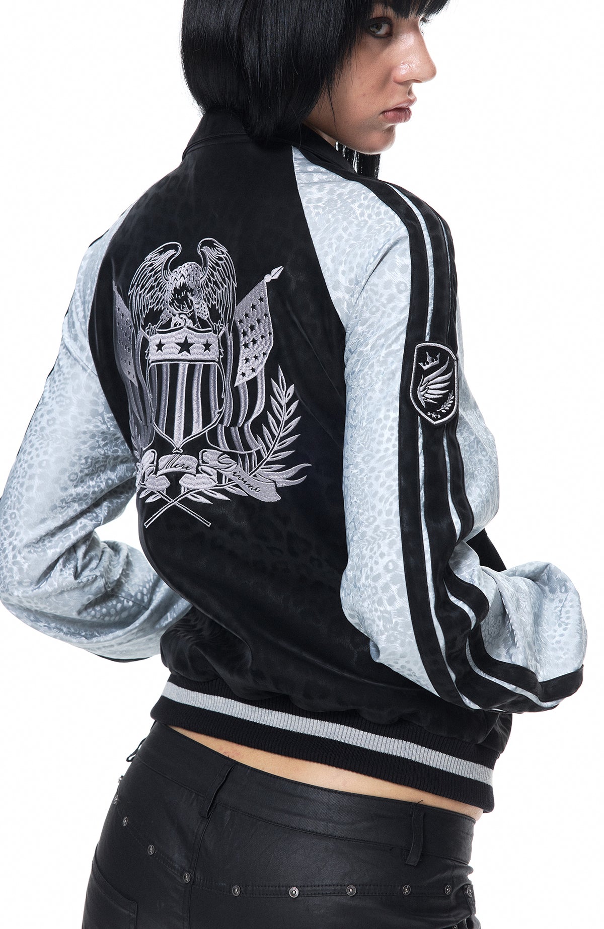 3MODE Leopard-Print Spliced Embroidered Badge PU Jacket