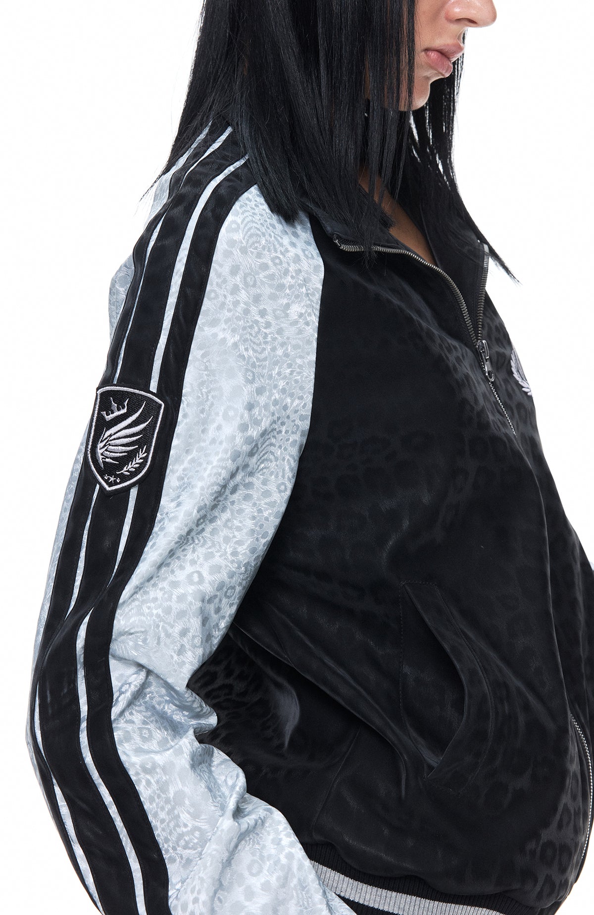 3MODE Leopard-Print Spliced Embroidered Badge PU Jacket