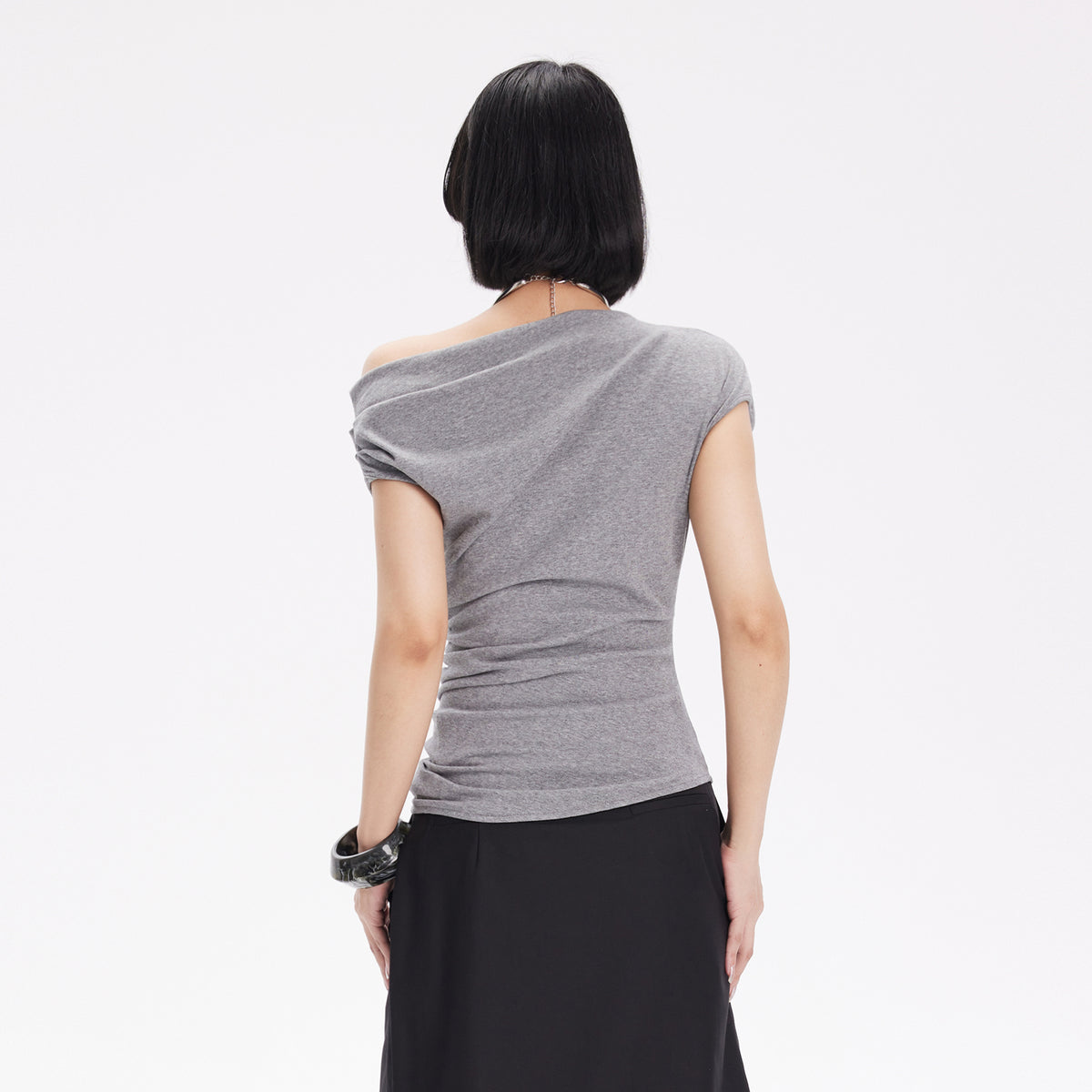 TINY IN STUDIO Asymmetrical Off-Shoulder Cut-Out Ruched T-Shirt