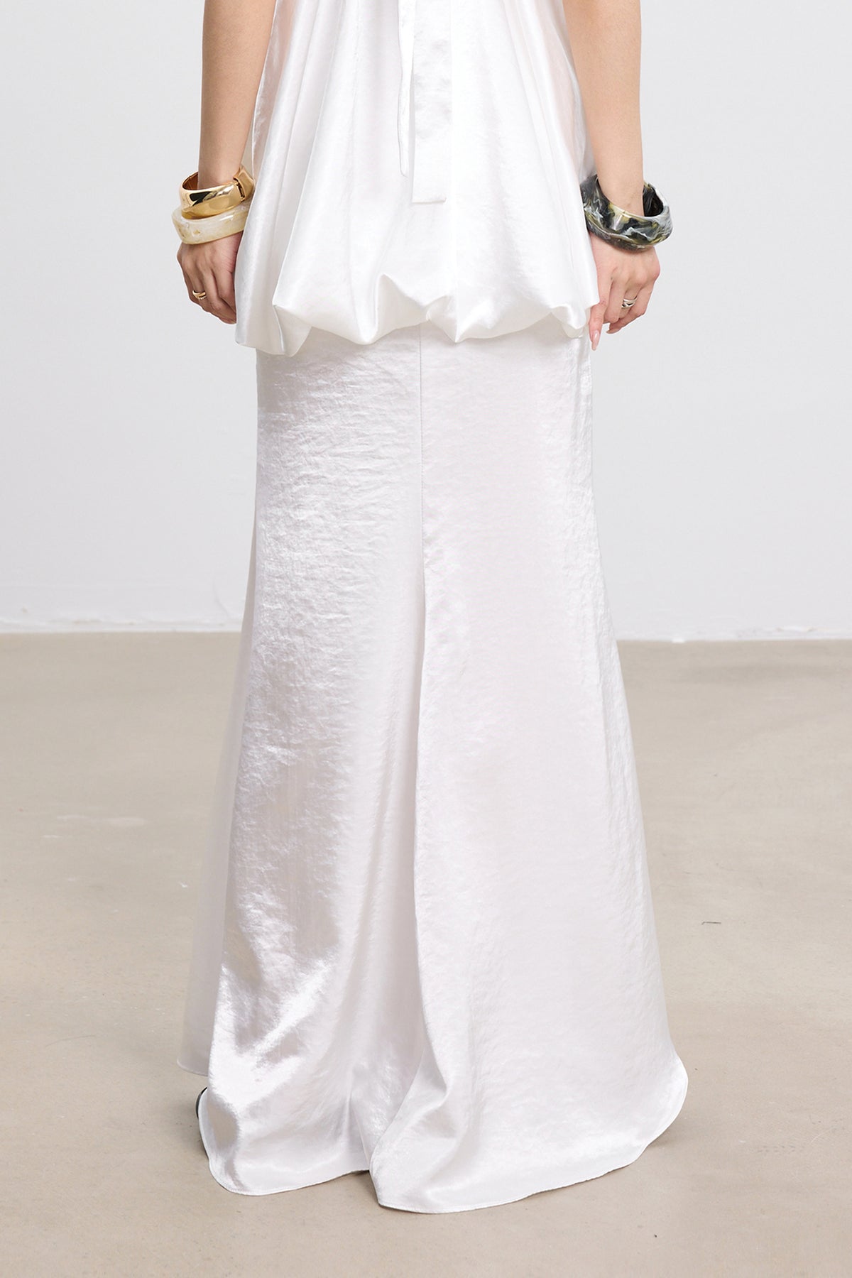 TINY IN STUDIO Draped Satin Halter Top & Flared Maxi Skirt Set