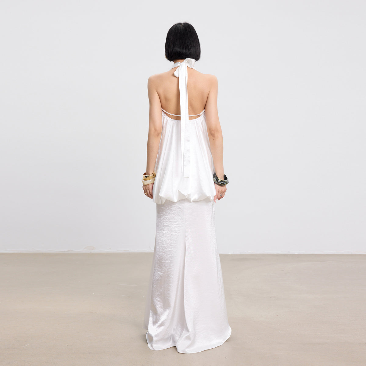 TINY IN STUDIO Draped Satin Halter Top & Flared Maxi Skirt Set