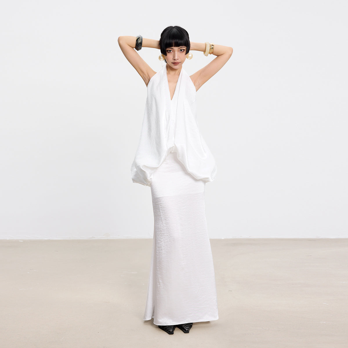 TINY IN STUDIO Draped Satin Halter Top & Flared Maxi Skirt Set
