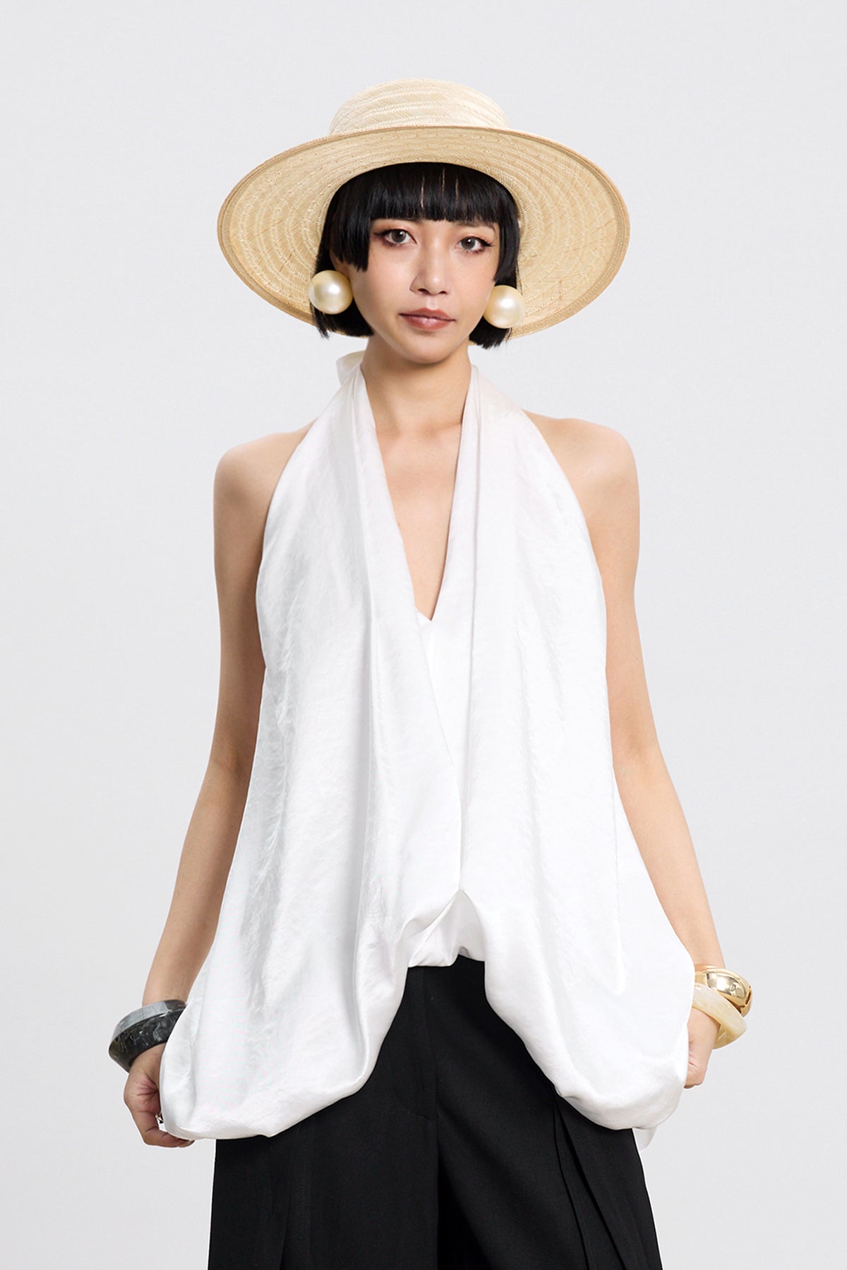 TINY IN STUDIO Draped Satin Halter Top & Flared Maxi Skirt Set