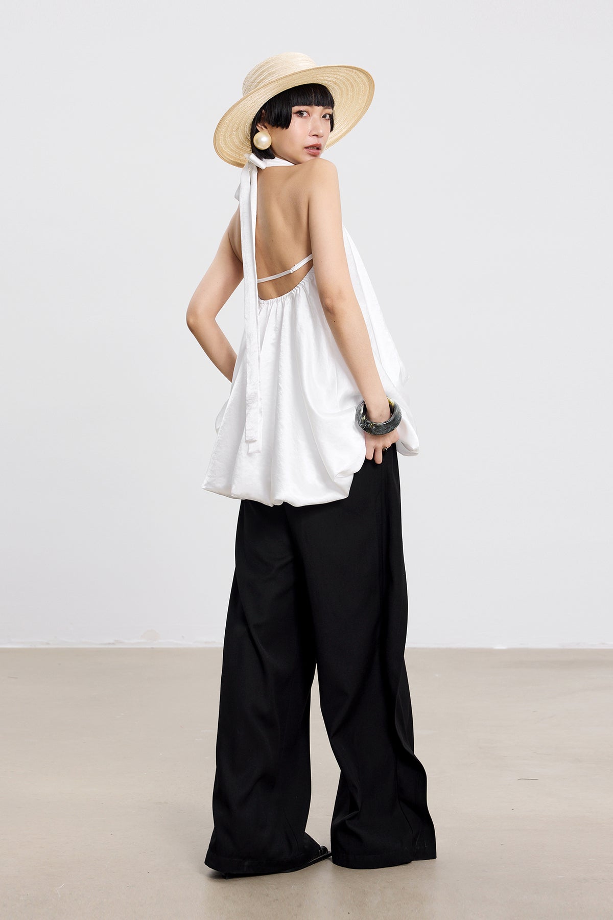 TINY IN STUDIO Draped Satin Halter Top & Flared Maxi Skirt Set