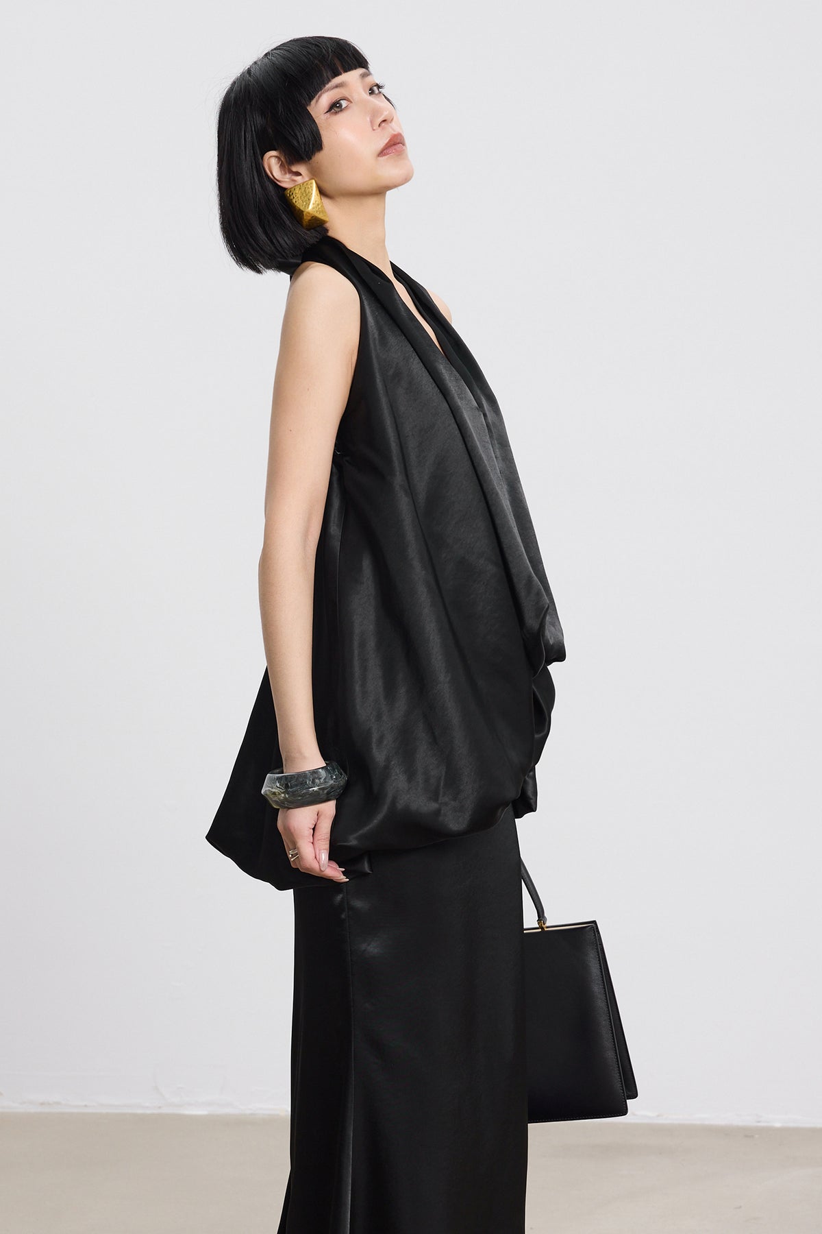 TINY IN STUDIO Draped Satin Halter Top & Flared Maxi Skirt Set