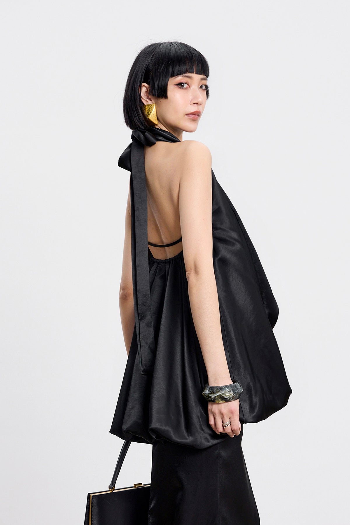TINY IN STUDIO Draped Satin Halter Top & Flared Maxi Skirt Set
