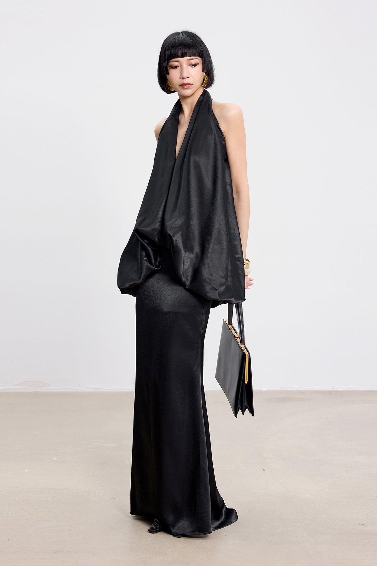 TINY IN STUDIO Draped Satin Halter Top & Flared Maxi Skirt Set