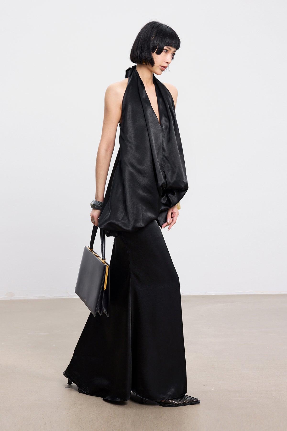 TINY IN STUDIO Draped Satin Halter Top & Flared Maxi Skirt Set