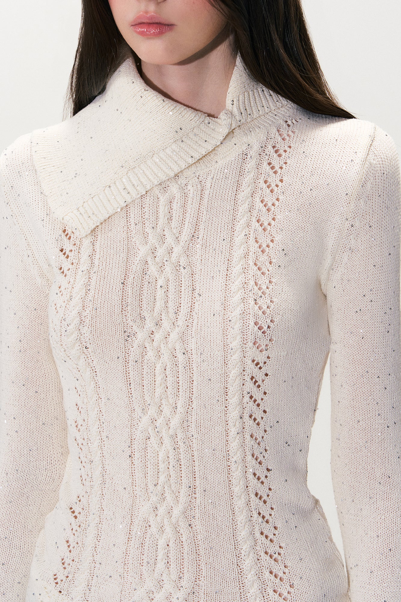 THE NEVERMORE Asym Collar Shimmer Cable-Knit Sweater