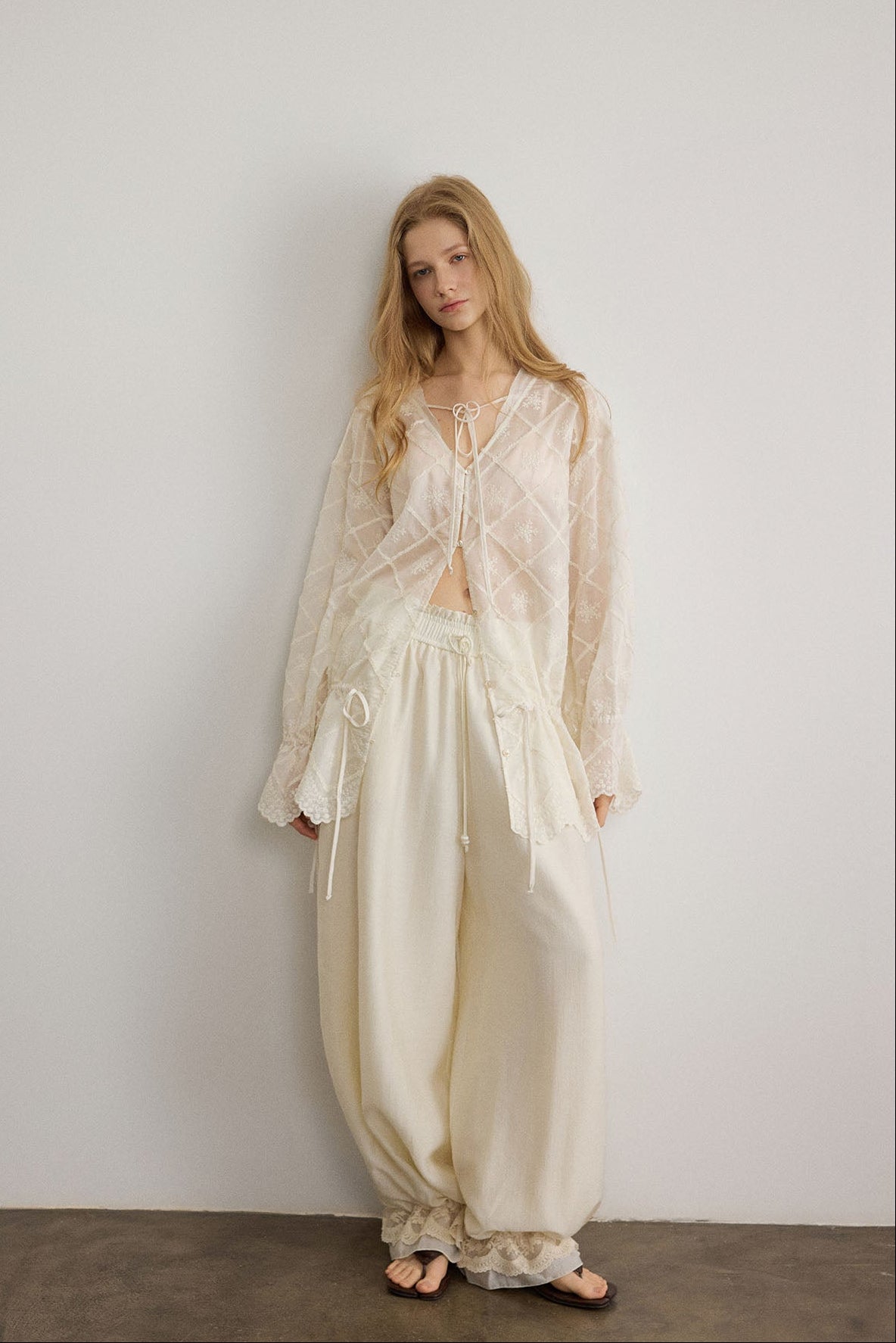 SAME FLOW Sheer Embroidered Tie-Front Lace-Hem Shirt