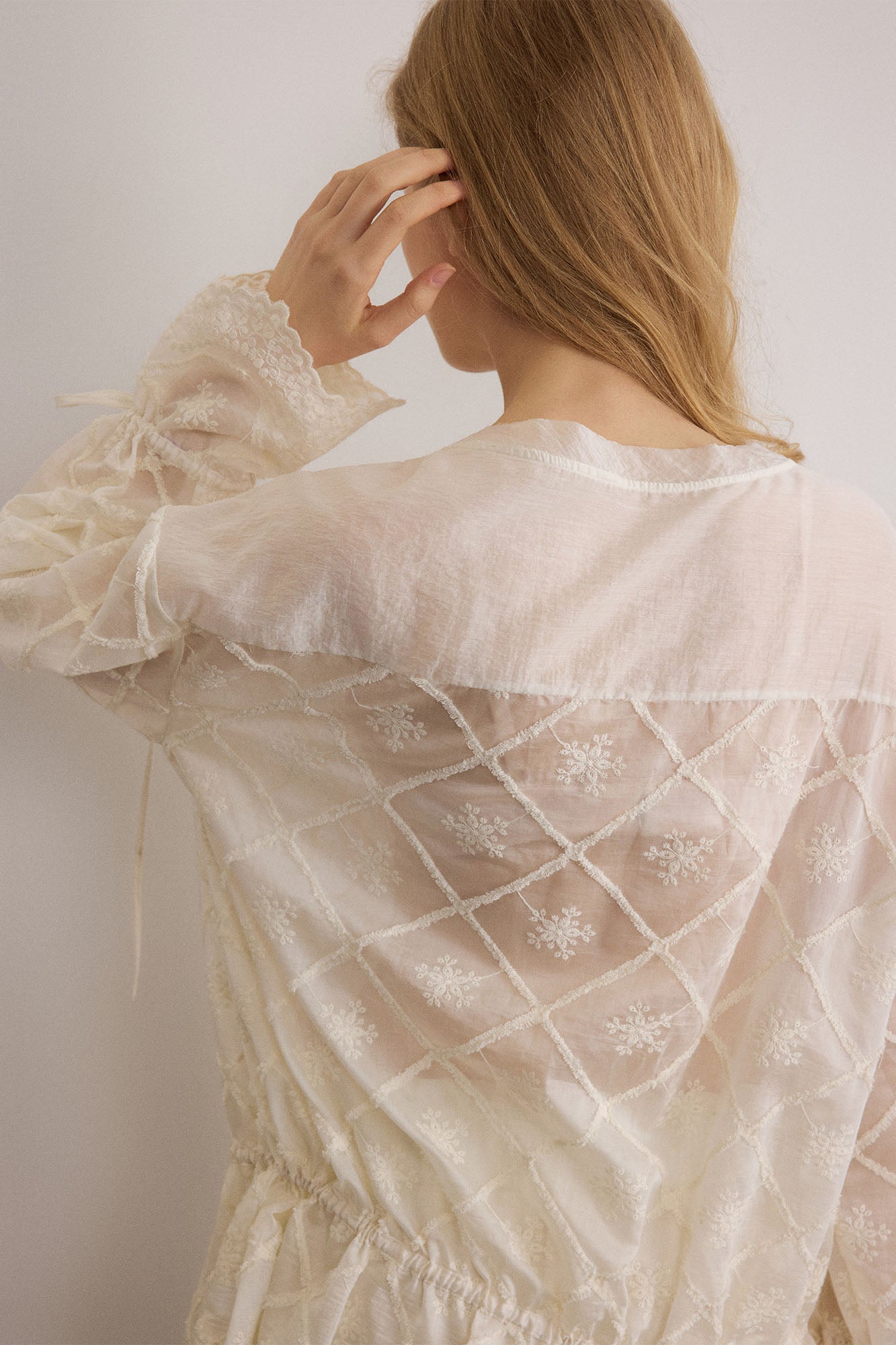 SAME FLOW Sheer Embroidered Tie-Front Lace-Hem Shirt