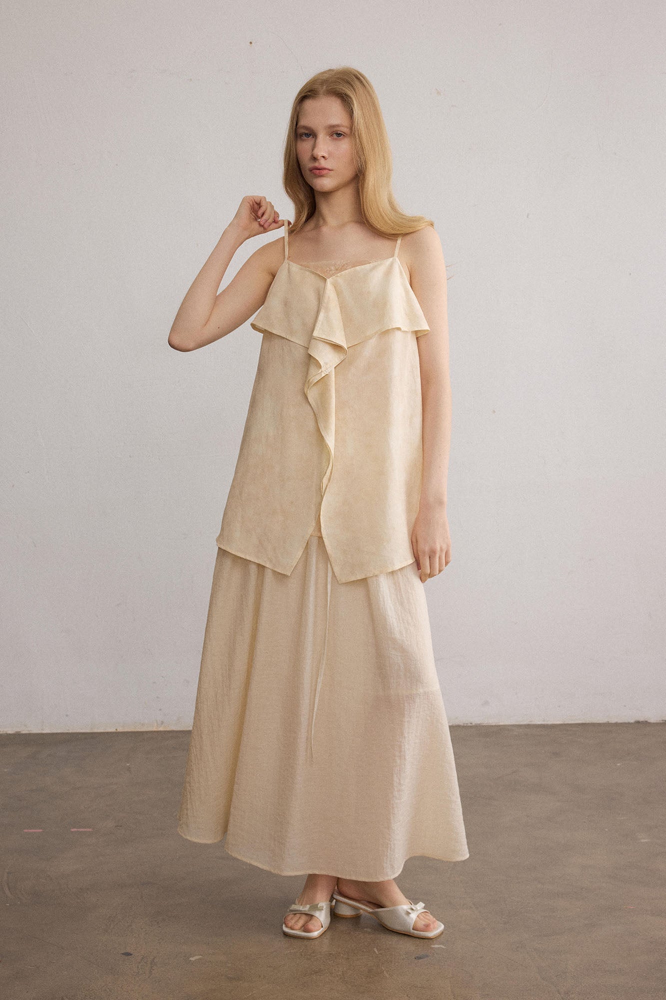 SAME FLOW Asymmetrical Draped Lace-Panel Cami Top