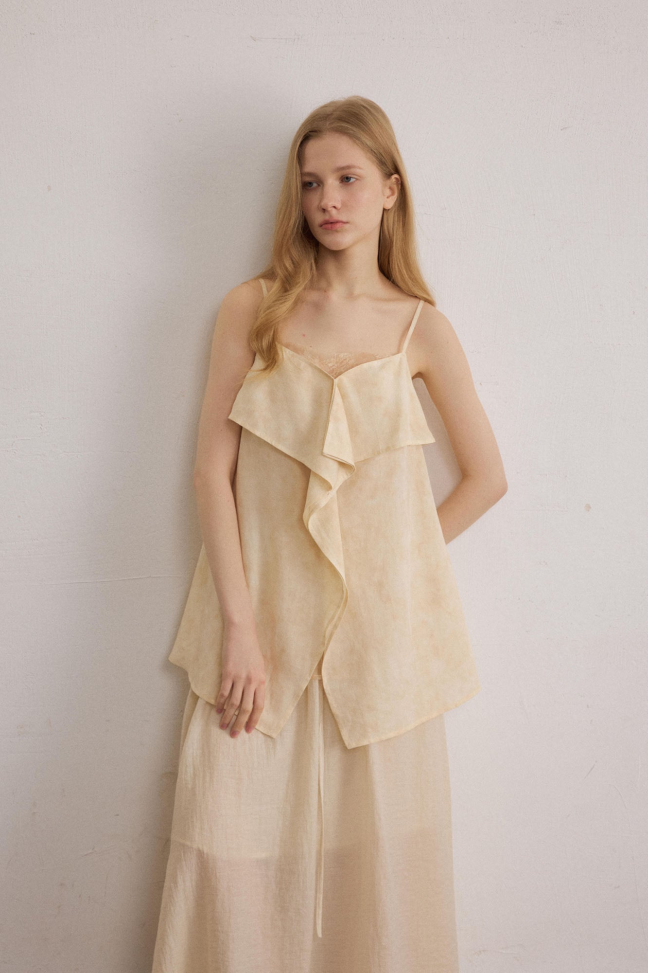 SAME FLOW Asymmetrical Draped Lace-Panel Cami Top