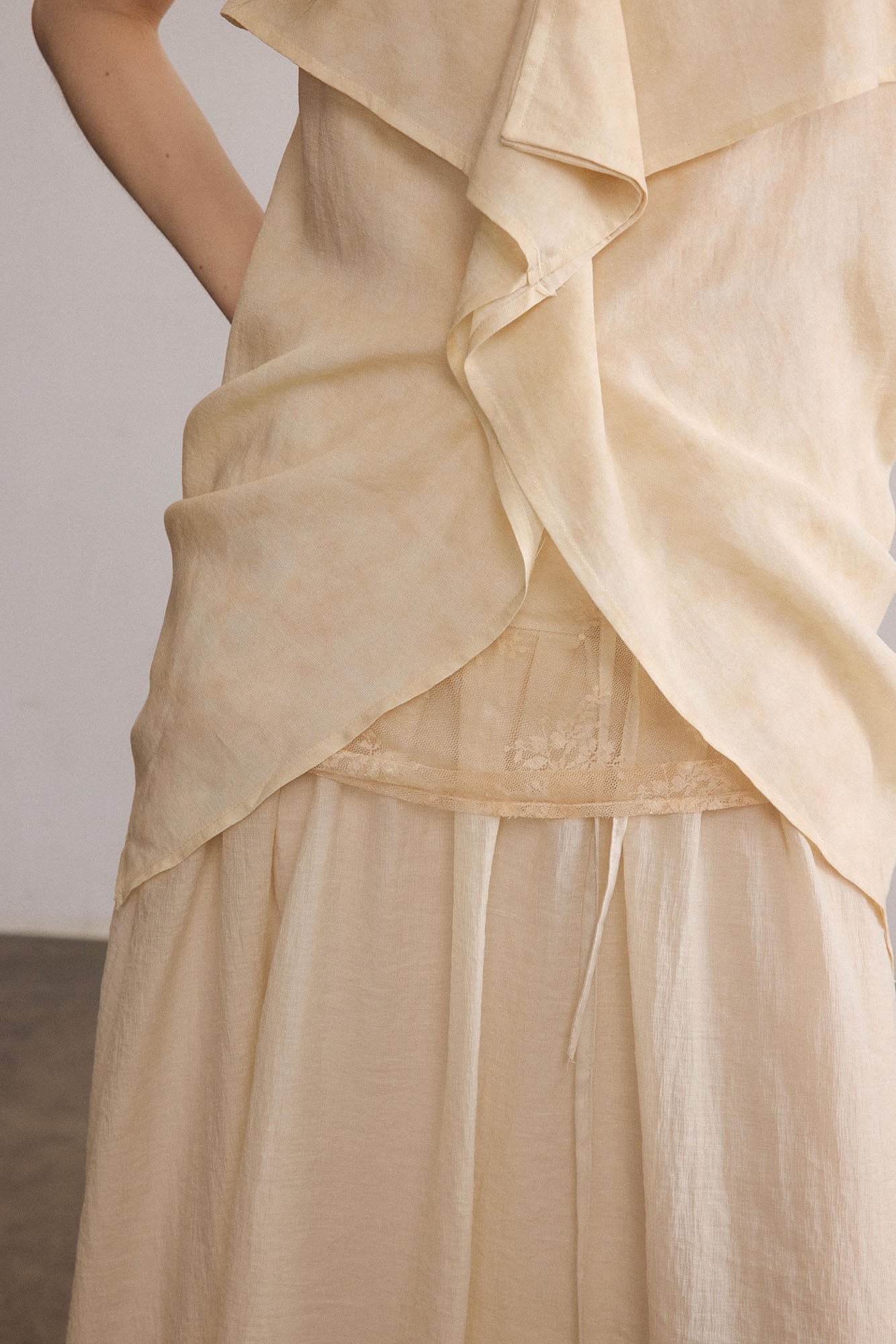 SAME FLOW Asymmetrical Draped Lace-Panel Cami Top