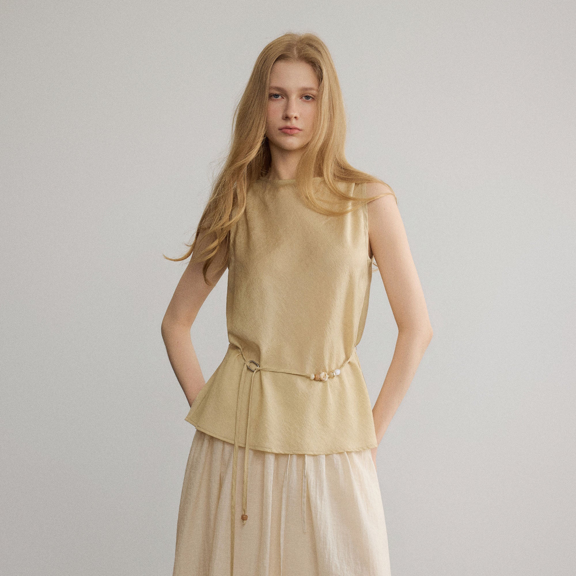 SAME FLOW Paisley Jacquard Beaded-Belt Sleeveless Top