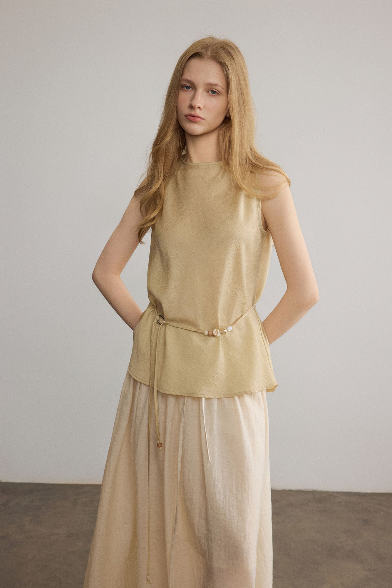 SAME FLOW Paisley Jacquard Beaded-Belt Sleeveless Top