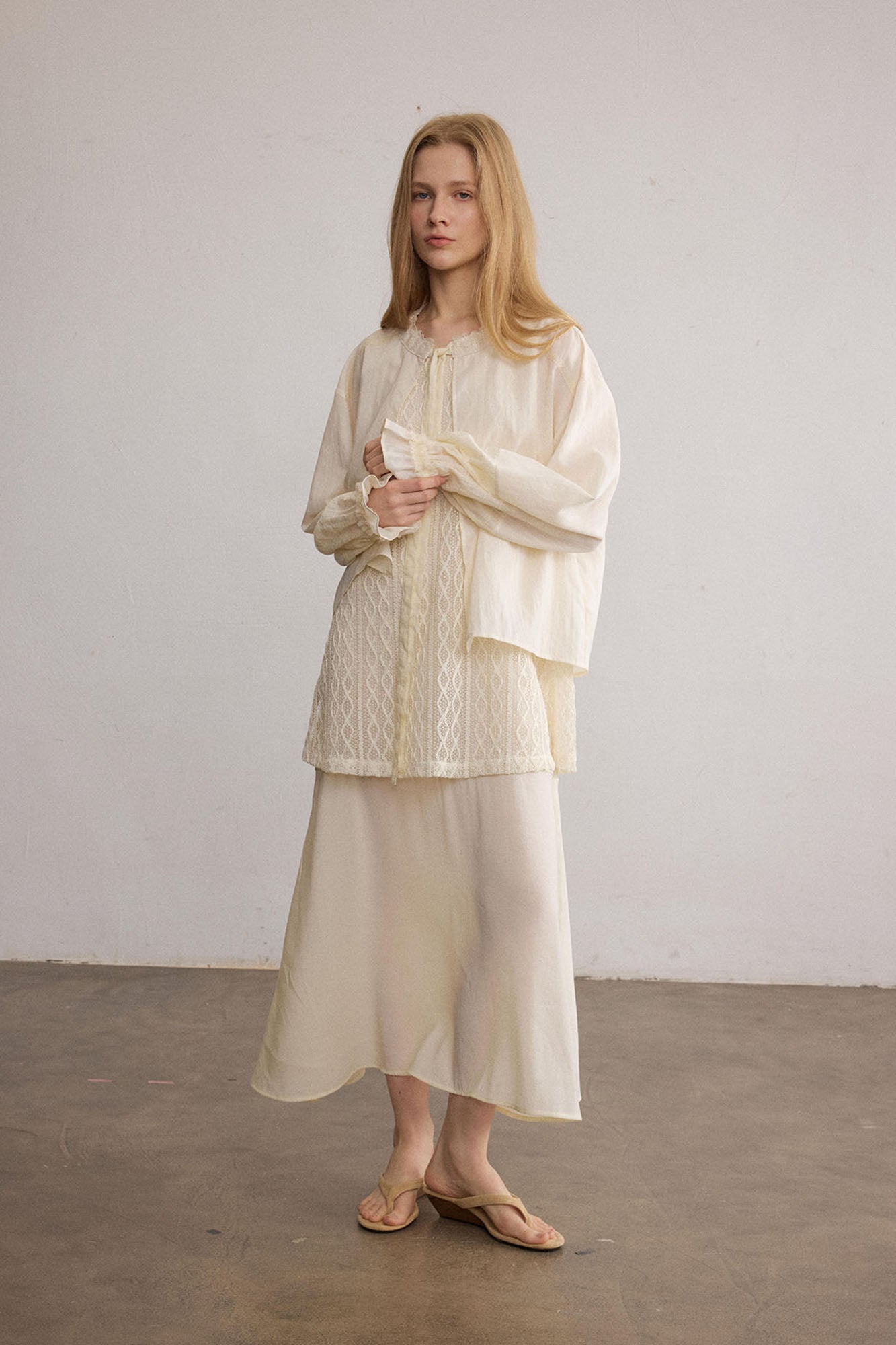 SAME FLOW Layered Lace-Panel Tie-Neck Long-Sleeve Tee