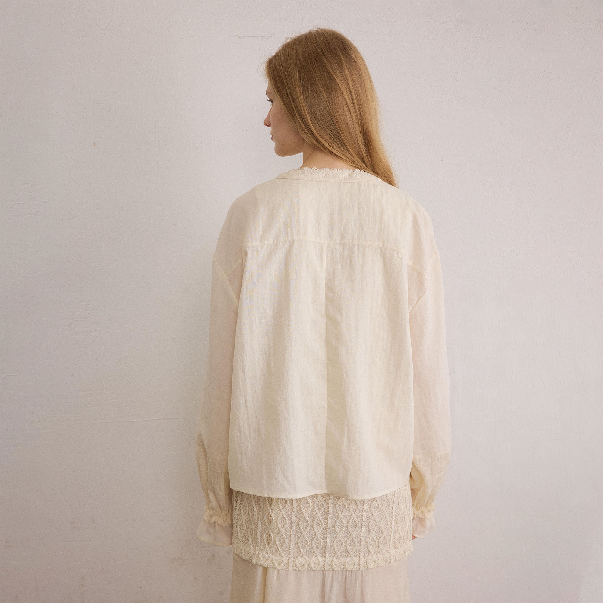 SAME FLOW Layered Lace-Panel Tie-Neck Long-Sleeve Tee